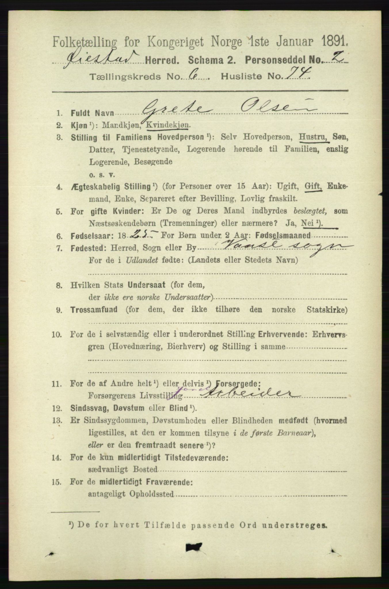 RA, 1891 census for 0920 Øyestad, 1891, p. 2551