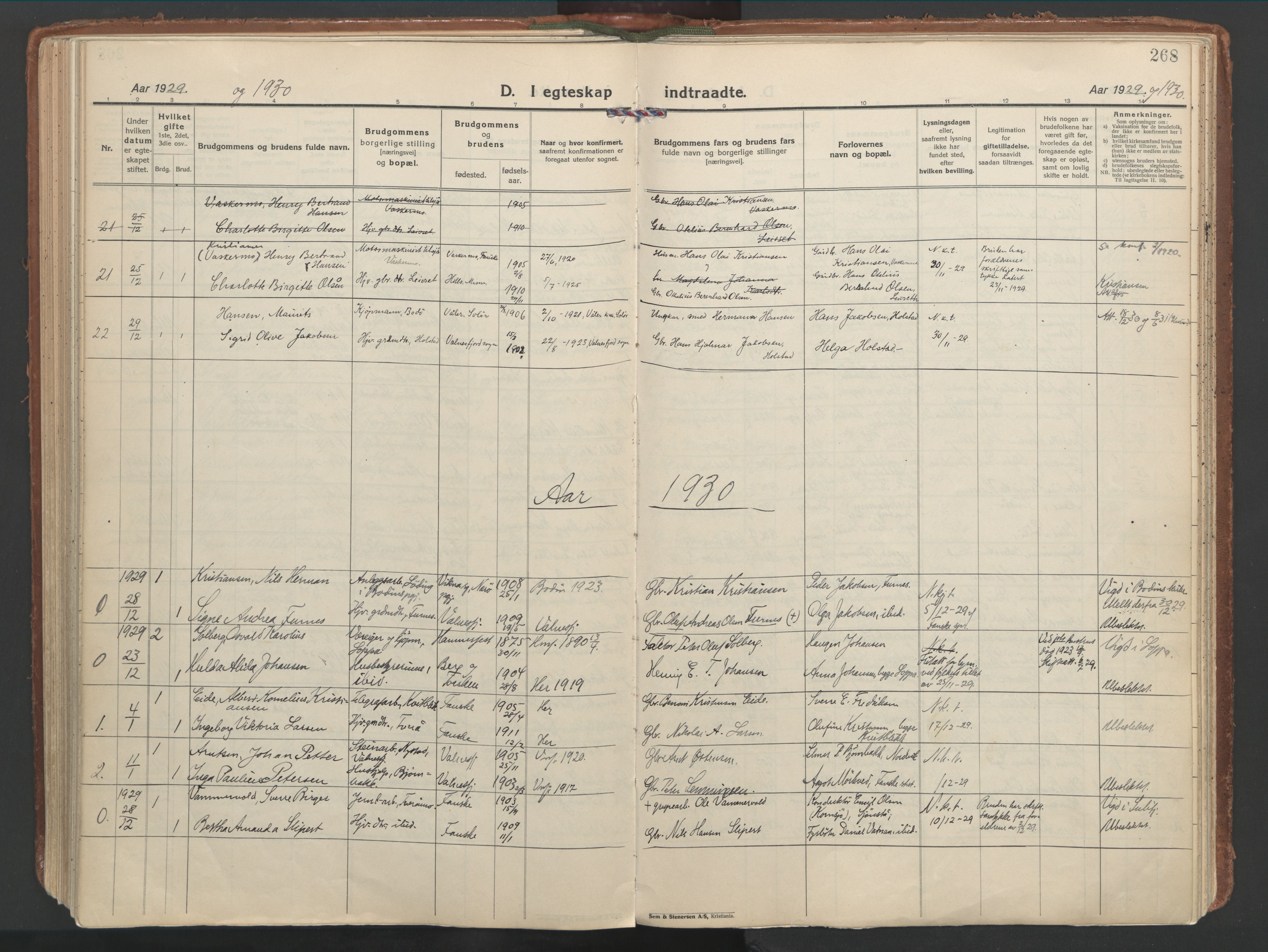 Ministerialprotokoller, klokkerbøker og fødselsregistre - Nordland, AV/SAT-A-1459/849/L0699: Parish register (official) no. 849A10, 1924-1937, p. 268