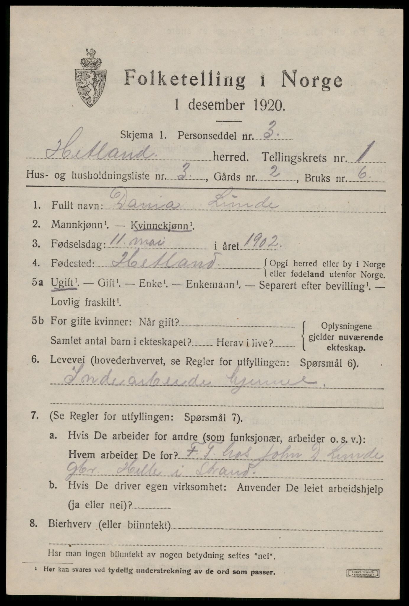 SAST, 1920 census for Hetland, 1920, p. 3591