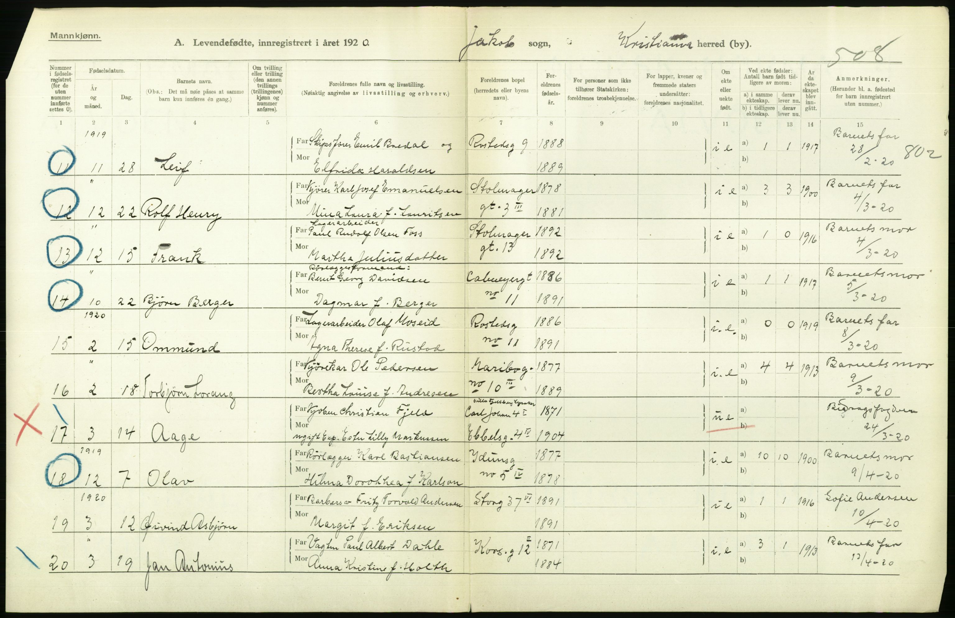 Statistisk sentralbyrå, Sosiodemografiske emner, Befolkning, RA/S-2228/D/Df/Dfb/Dfbj/L0008: Kristiania: Levendefødte menn og kvinner., 1920, p. 496