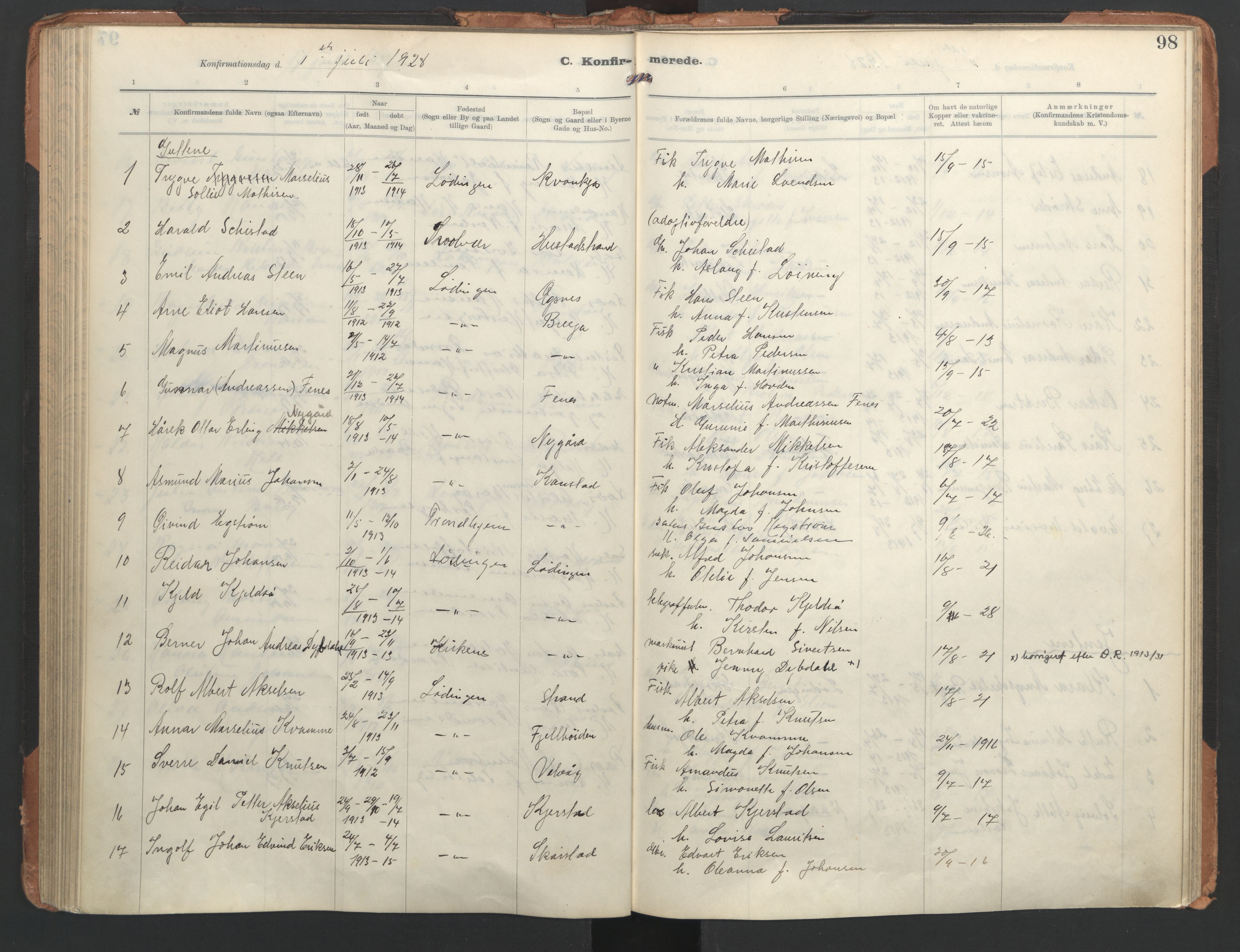 Ministerialprotokoller, klokkerbøker og fødselsregistre - Nordland, AV/SAT-A-1459/872/L1042: Parish register (official) no. 872A17, 1910-1937, p. 98