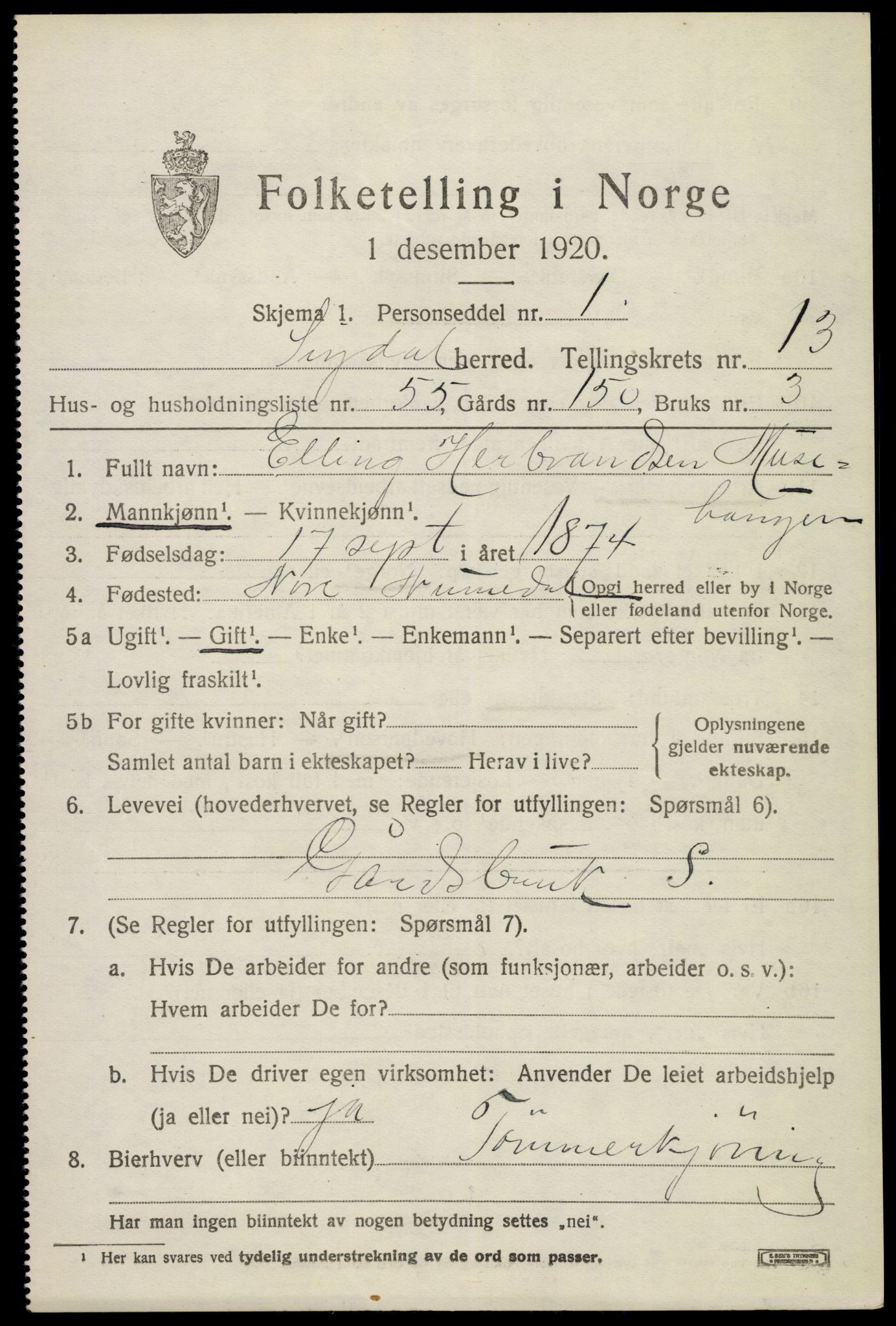 SAKO, 1920 census for Sigdal, 1920, p. 8632