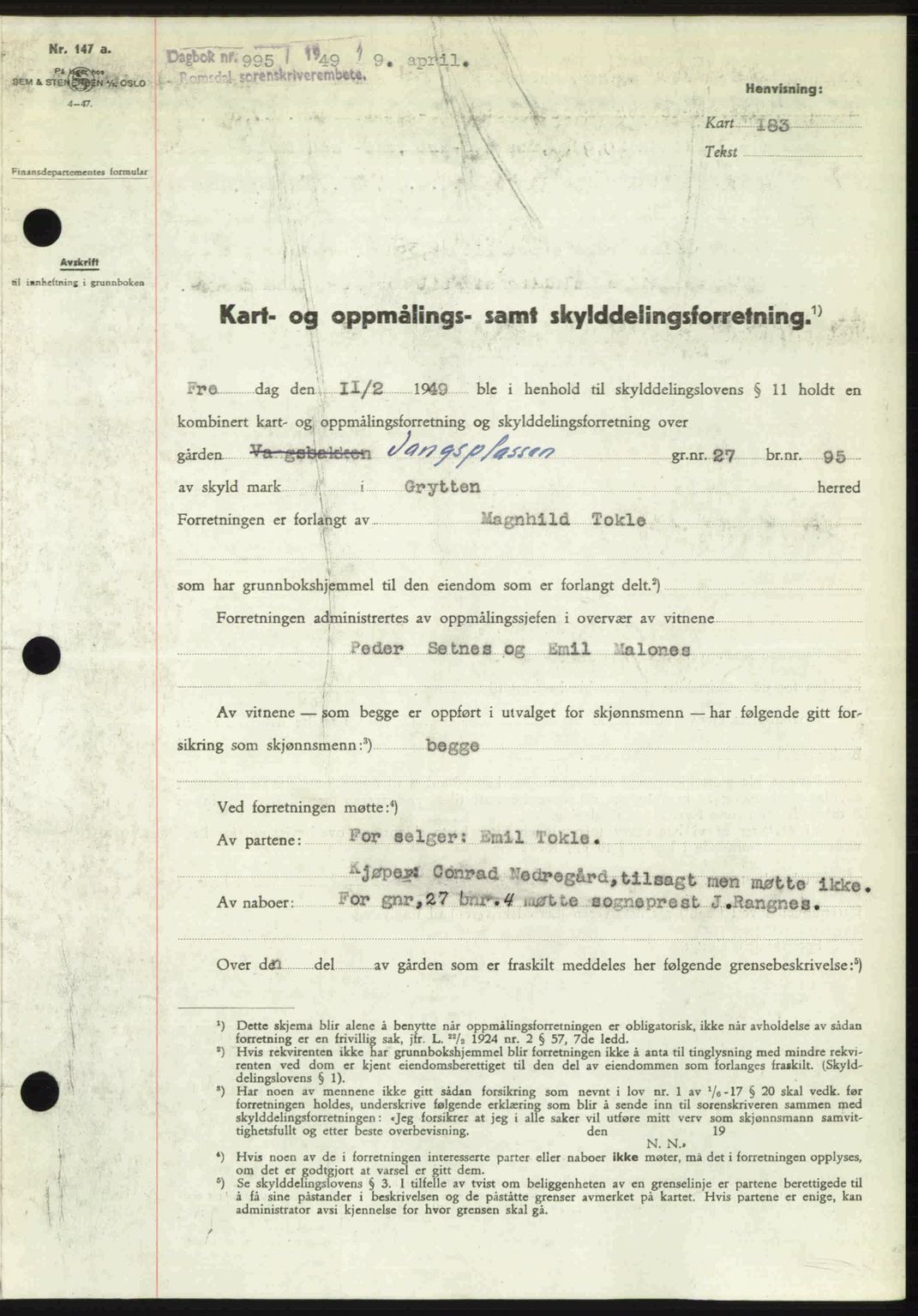 Romsdal sorenskriveri, AV/SAT-A-4149/1/2/2C: Mortgage book no. A29, 1949-1949, Diary no: : 995/1949