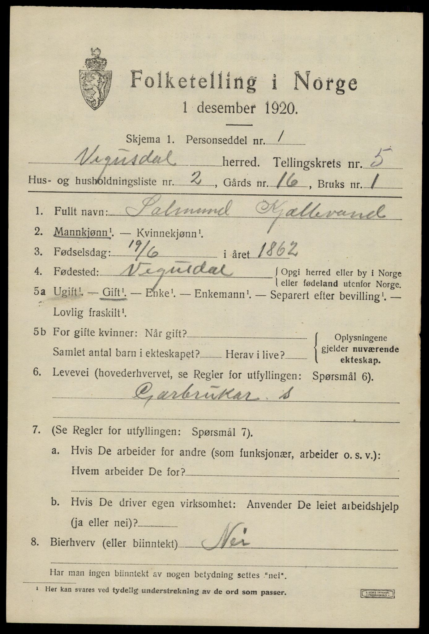 SAK, 1920 census for Vegusdal, 1920, p. 1283