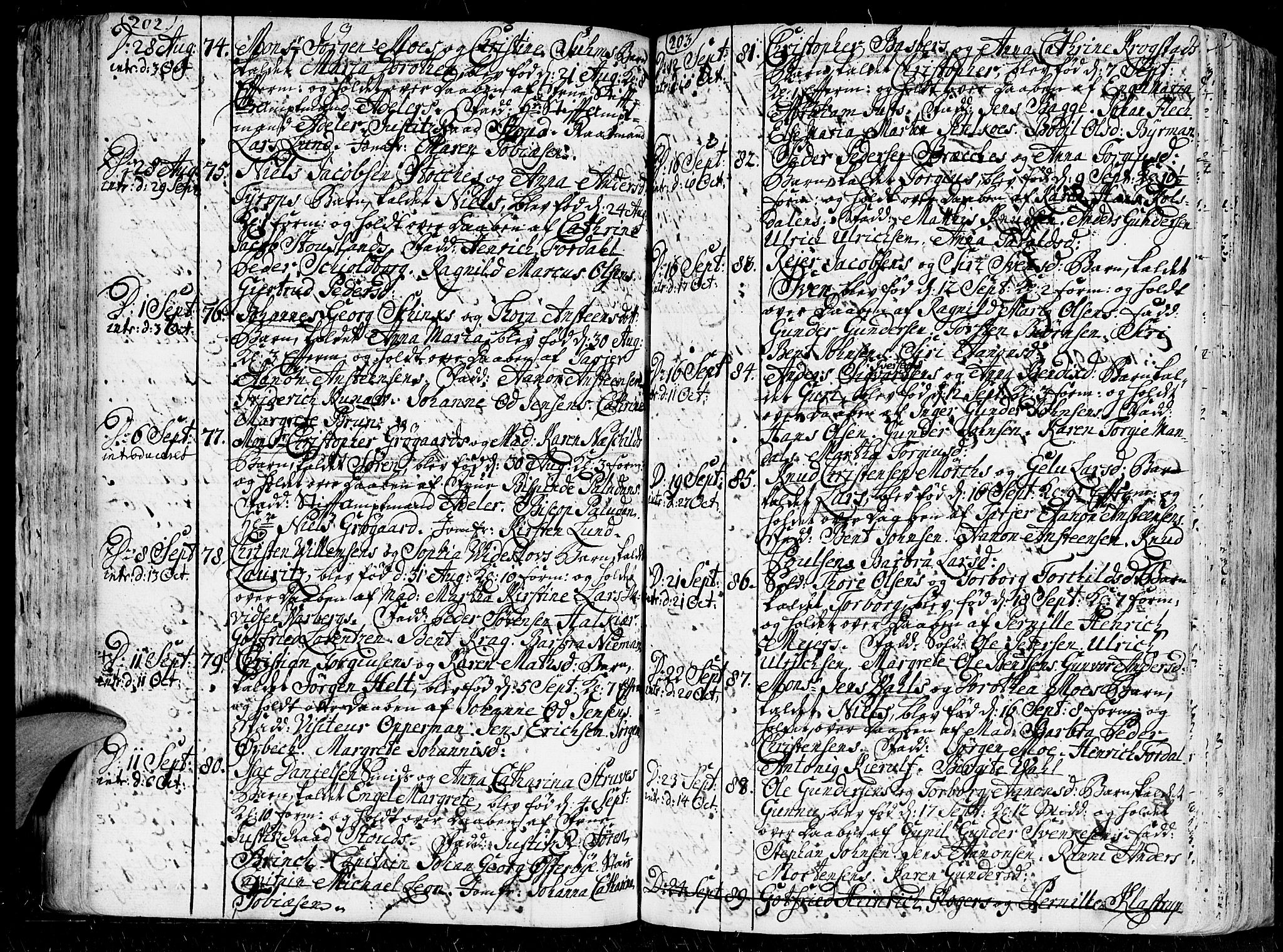 Kristiansand domprosti, AV/SAK-1112-0006/F/Fa/L0001: Parish register (official) no. A 1, 1734-1793, p. 202-203