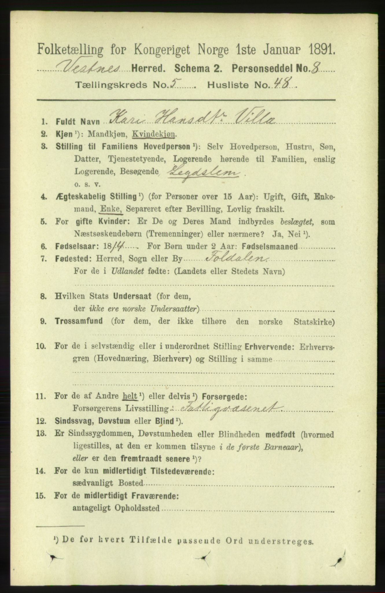 RA, 1891 census for 1535 Vestnes, 1891, p. 2070