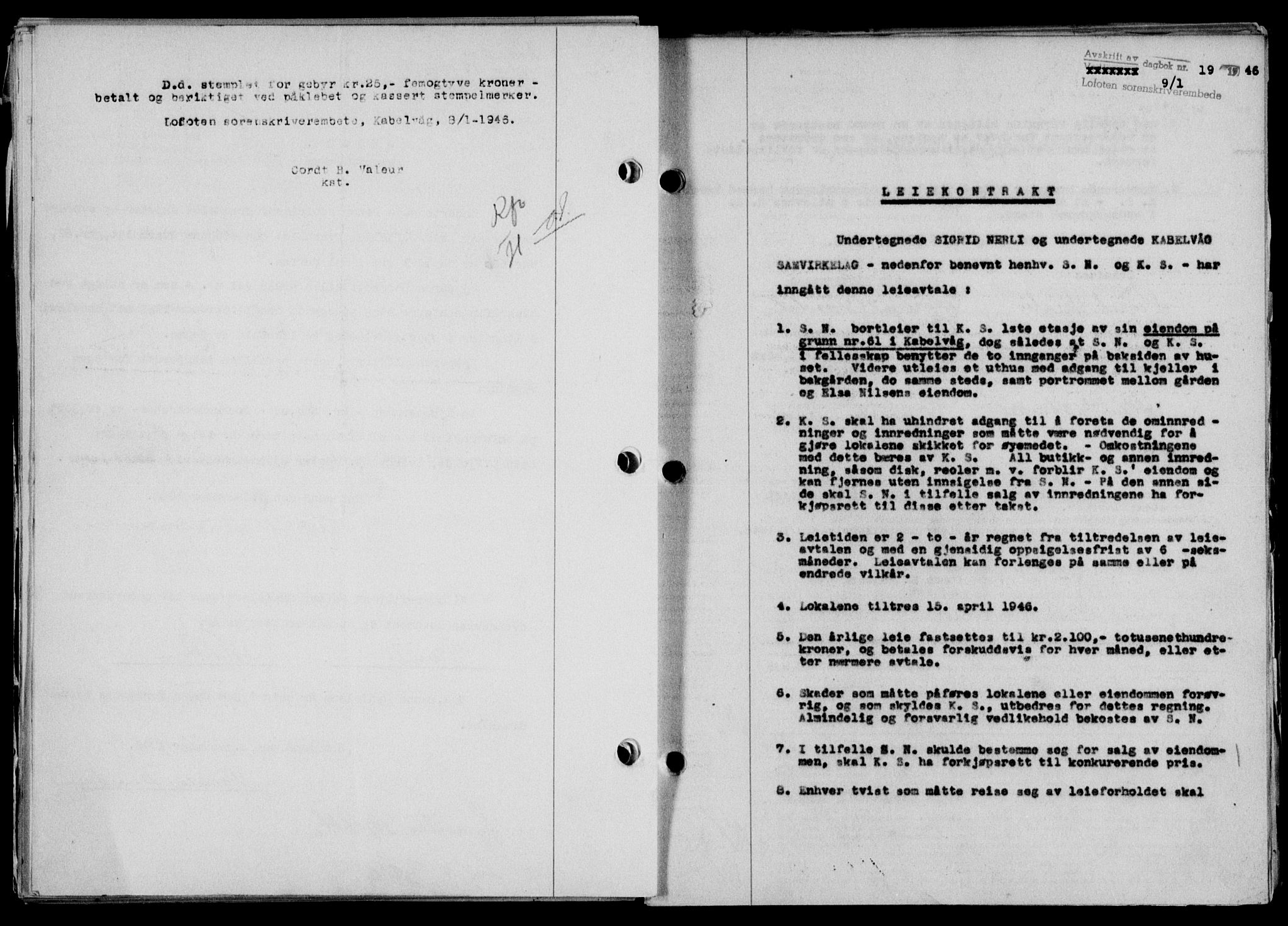 Lofoten sorenskriveri, SAT/A-0017/1/2/2C/L0013a: Mortgage book no. 13a, 1944-1946, Diary no: : 19/1946