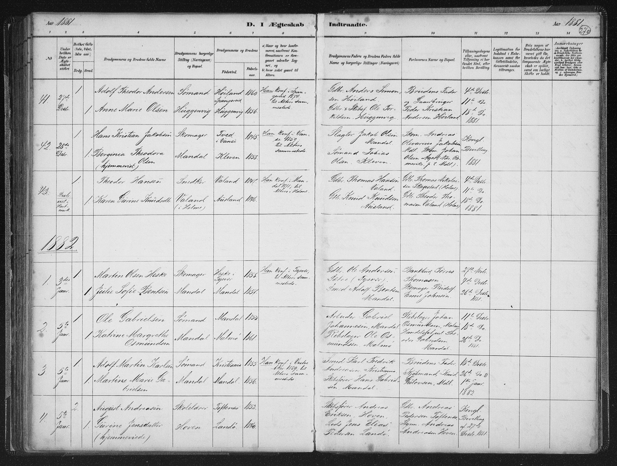 Mandal sokneprestkontor, SAK/1111-0030/F/Fb/Fba/L0011: Parish register (copy) no. B 5, 1880-1898, p. 270
