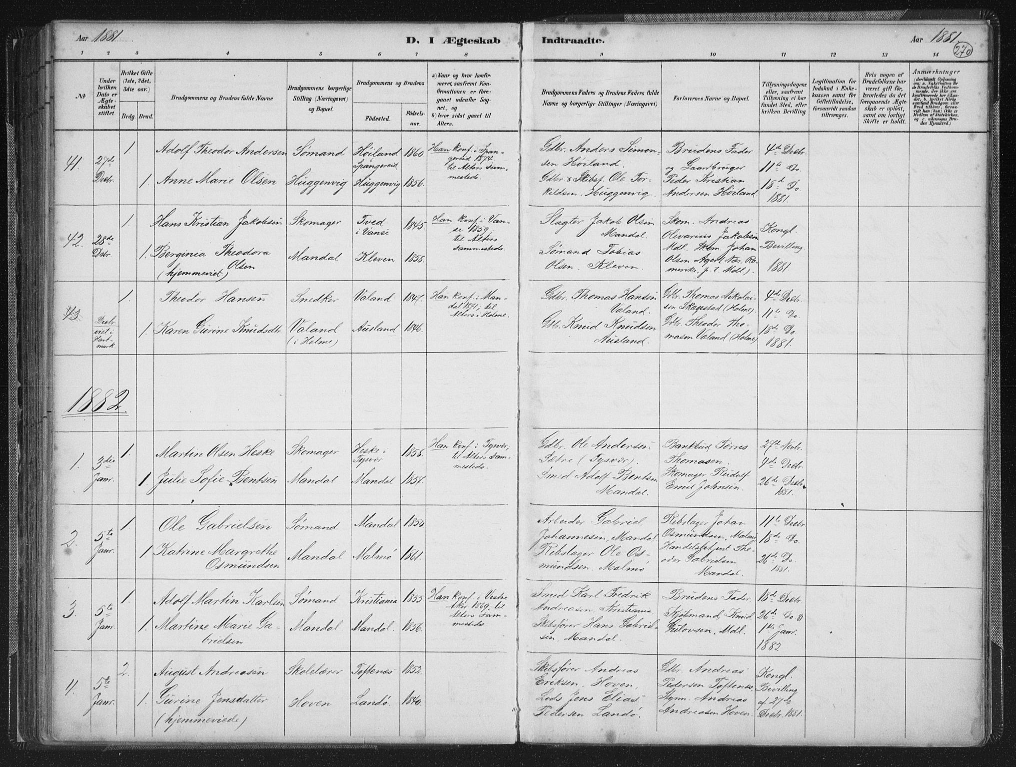 Mandal sokneprestkontor, AV/SAK-1111-0030/F/Fb/Fba/L0011: Parish register (copy) no. B 5, 1880-1898, p. 270