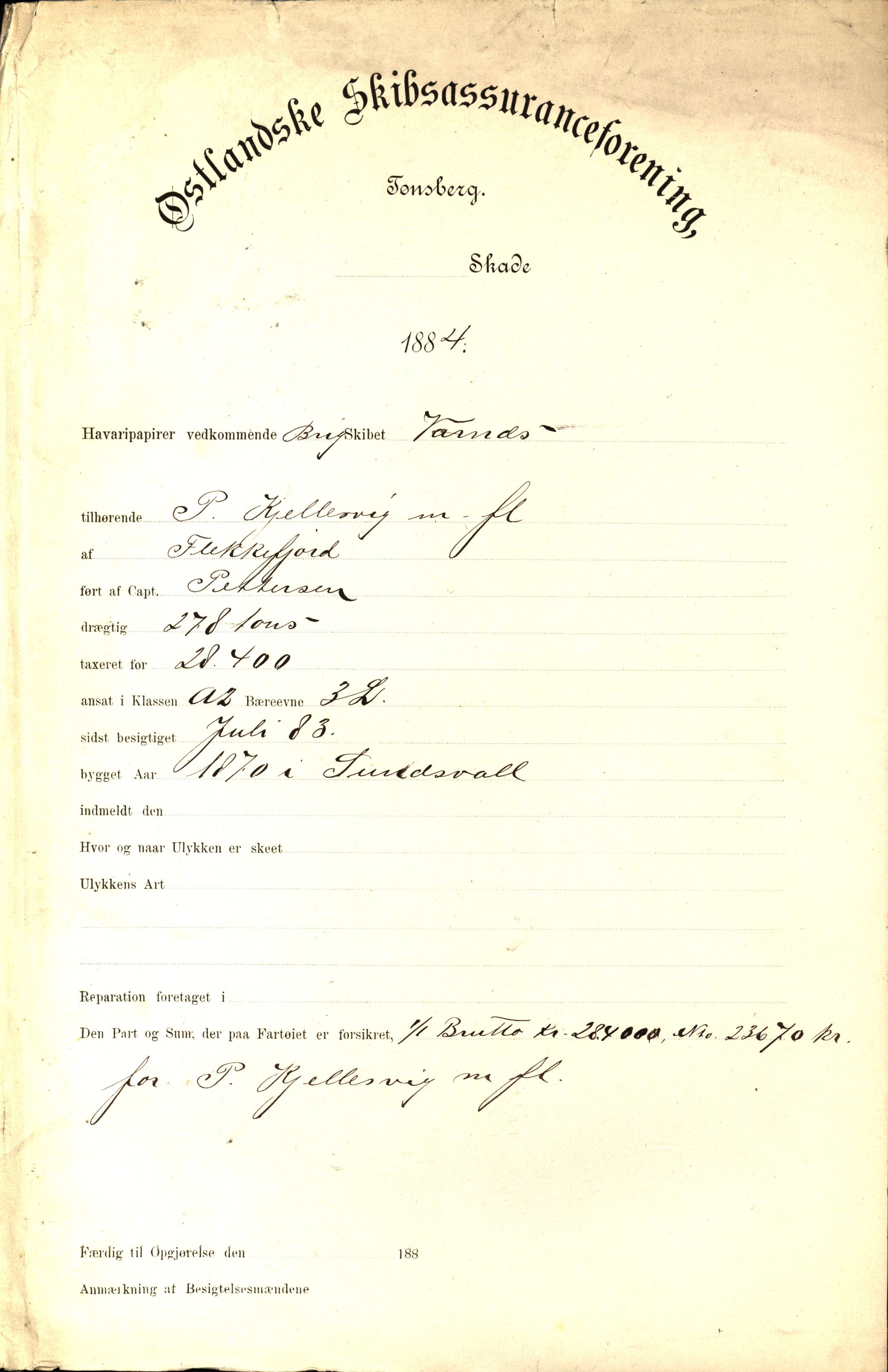 Pa 63 - Østlandske skibsassuranceforening, VEMU/A-1079/G/Ga/L0017/0009: Havaridokumenter / Agnese, Agnes, Adelphia, Kvik, Varnæs, 1884, p. 83