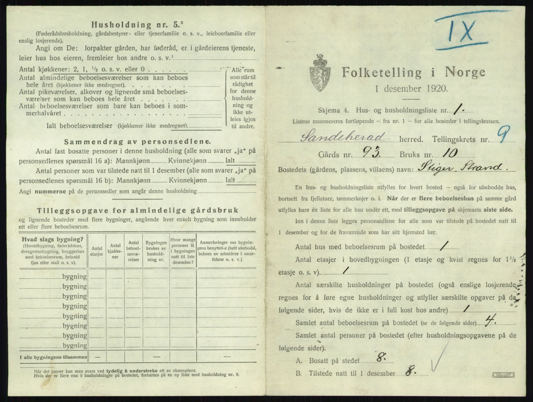 SAKO, 1920 census for Sandeherred, 1920, p. 1939