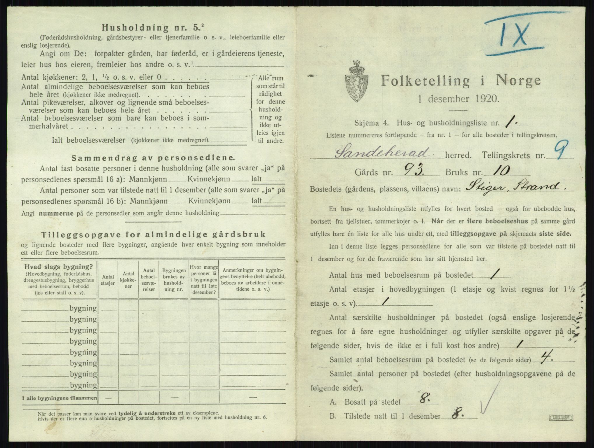 SAKO, 1920 census for Sandeherred, 1920, p. 1939