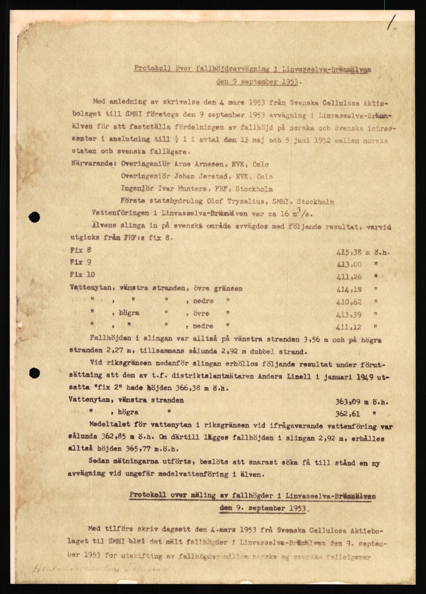 Vassdragsdirektoratet/avdelingen, RA/S-6242/F/Fa/L0571/0003: Limingen / Utbygging av Linnvasselva – Brännälven 1953, med nokre få dokument frå 1963 , 1953-1963, p. 1