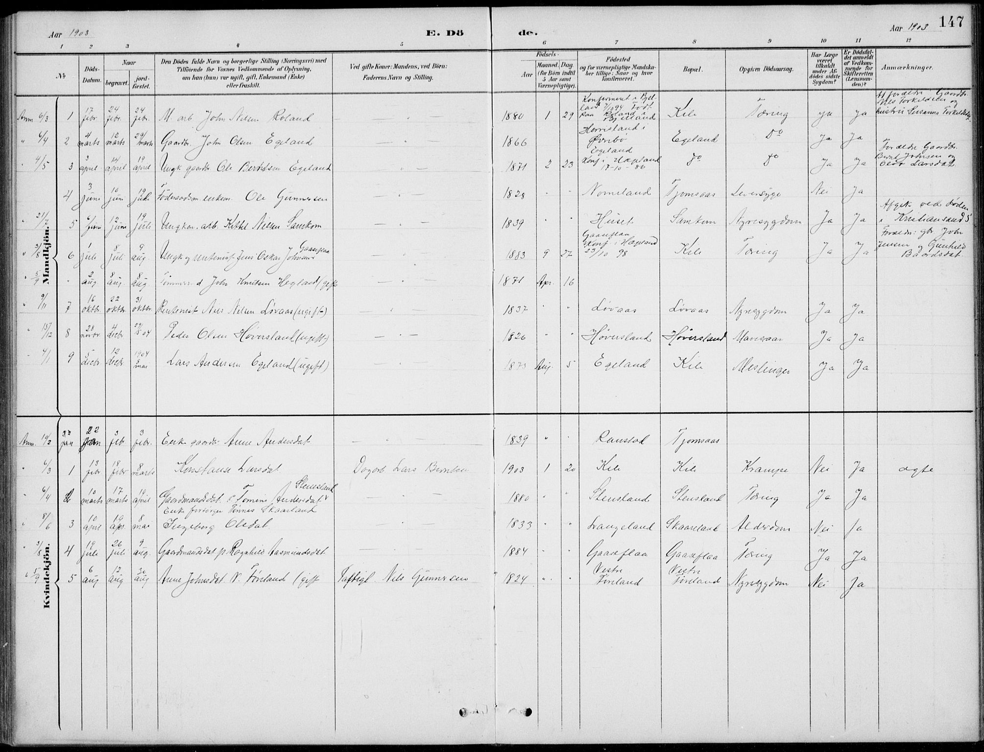 Vennesla sokneprestkontor, AV/SAK-1111-0045/Fb/Fba/L0003: Parish register (copy) no. B 3, 1890-1919, p. 147