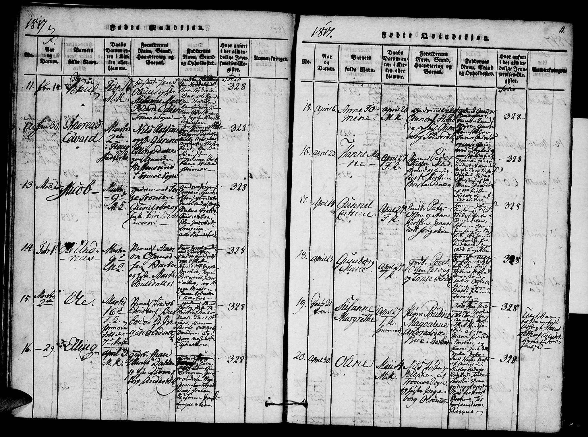 Austre Moland sokneprestkontor, AV/SAK-1111-0001/F/Fa/Faa/L0004: Parish register (official) no. A 4, 1816-1824, p. 11