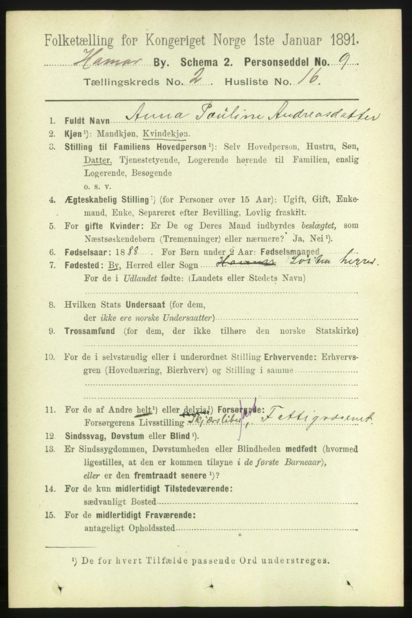RA, 1891 census for 0401 Hamar, 1891, p. 1206