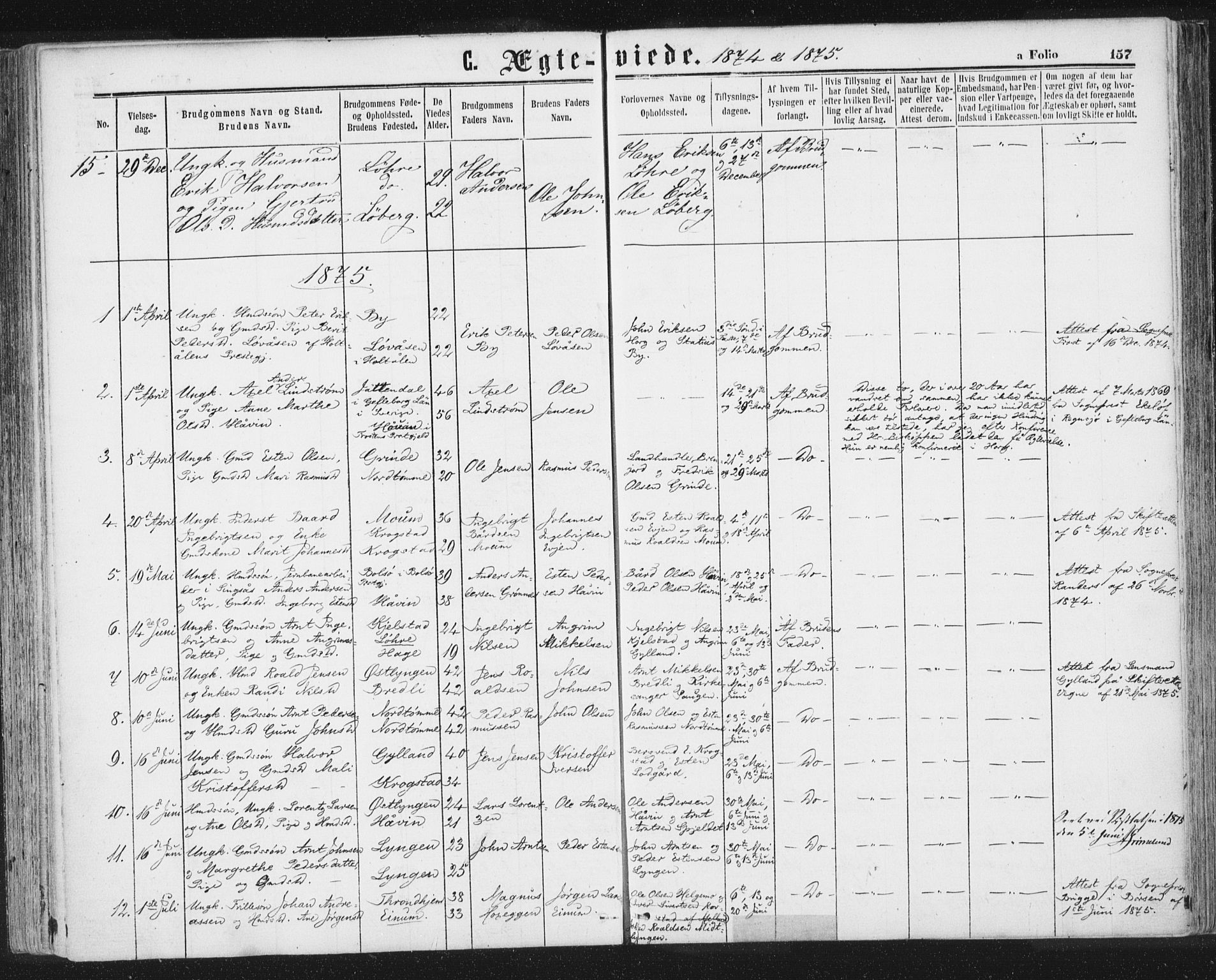 Ministerialprotokoller, klokkerbøker og fødselsregistre - Sør-Trøndelag, AV/SAT-A-1456/692/L1104: Parish register (official) no. 692A04, 1862-1878, p. 157