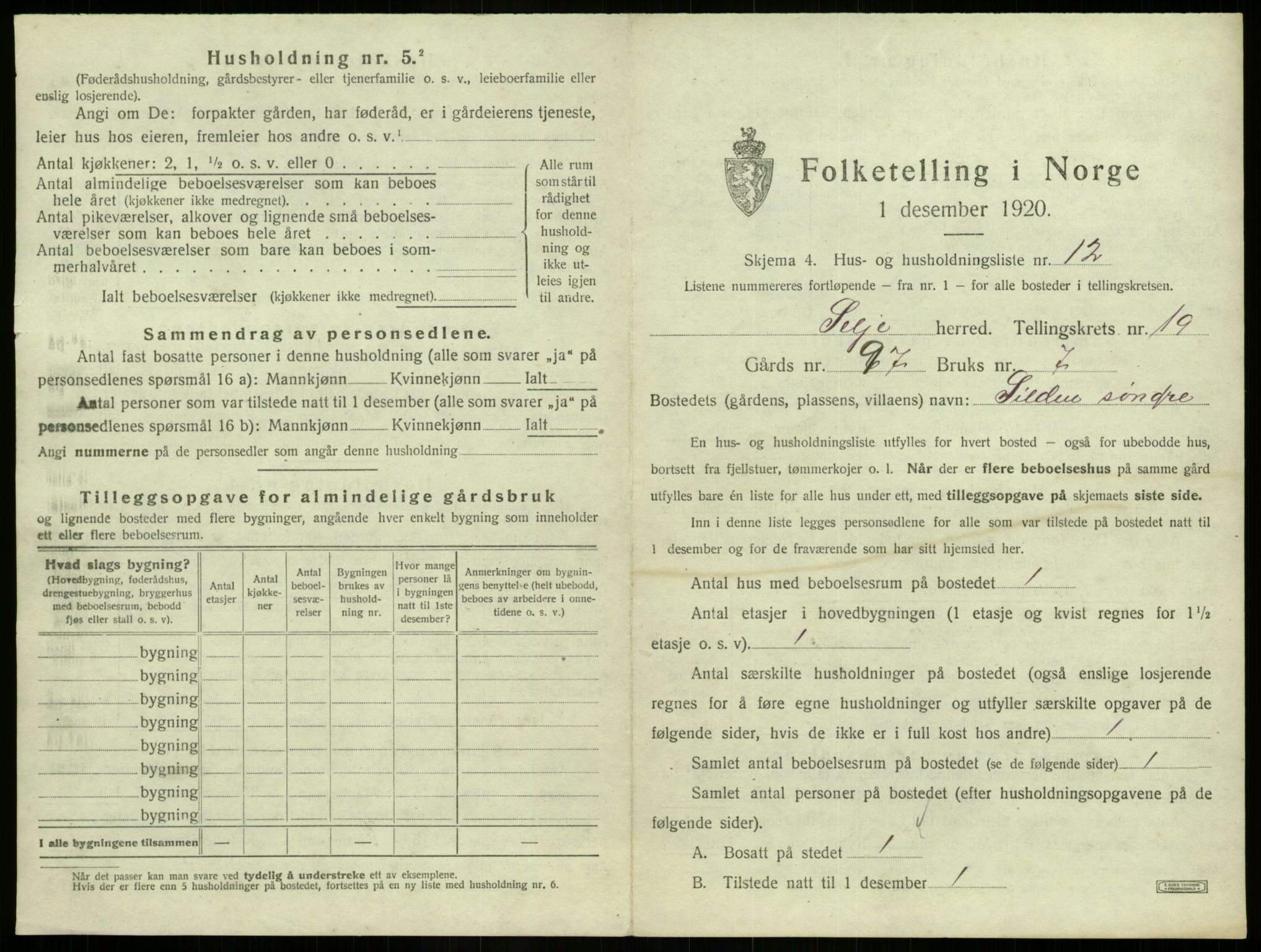 SAB, 1920 census for Selje, 1920, p. 1151