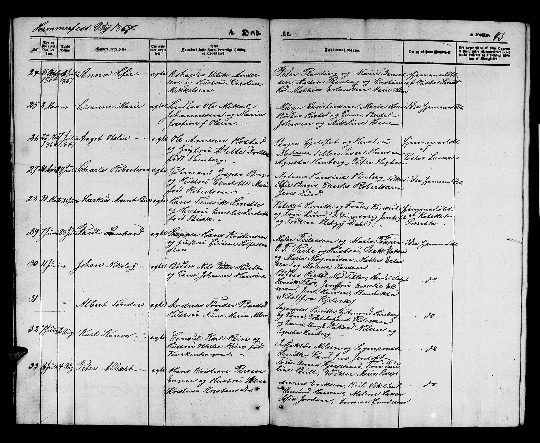 Hammerfest sokneprestkontor, AV/SATØ-S-1347/H/Hb/L0003.klokk: Parish register (copy) no. 3 /1, 1862-1868, p. 43