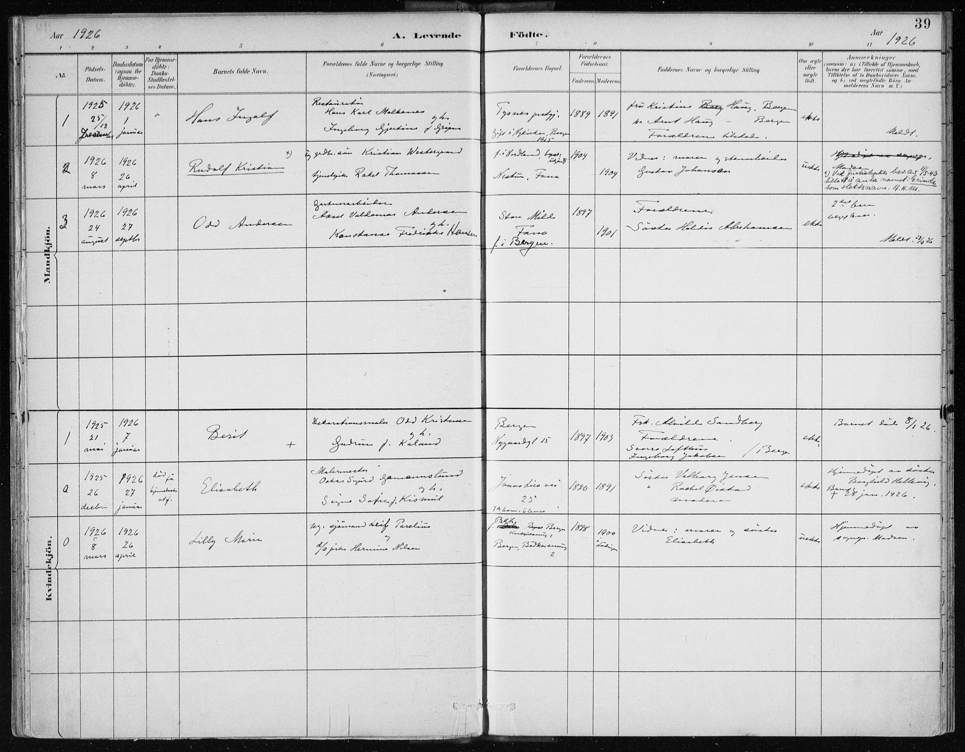 Bergen kommunale pleiehjem - stiftelsespresten, SAB/A-100281: Parish register (official) no. A 2, 1887-1939, p. 39