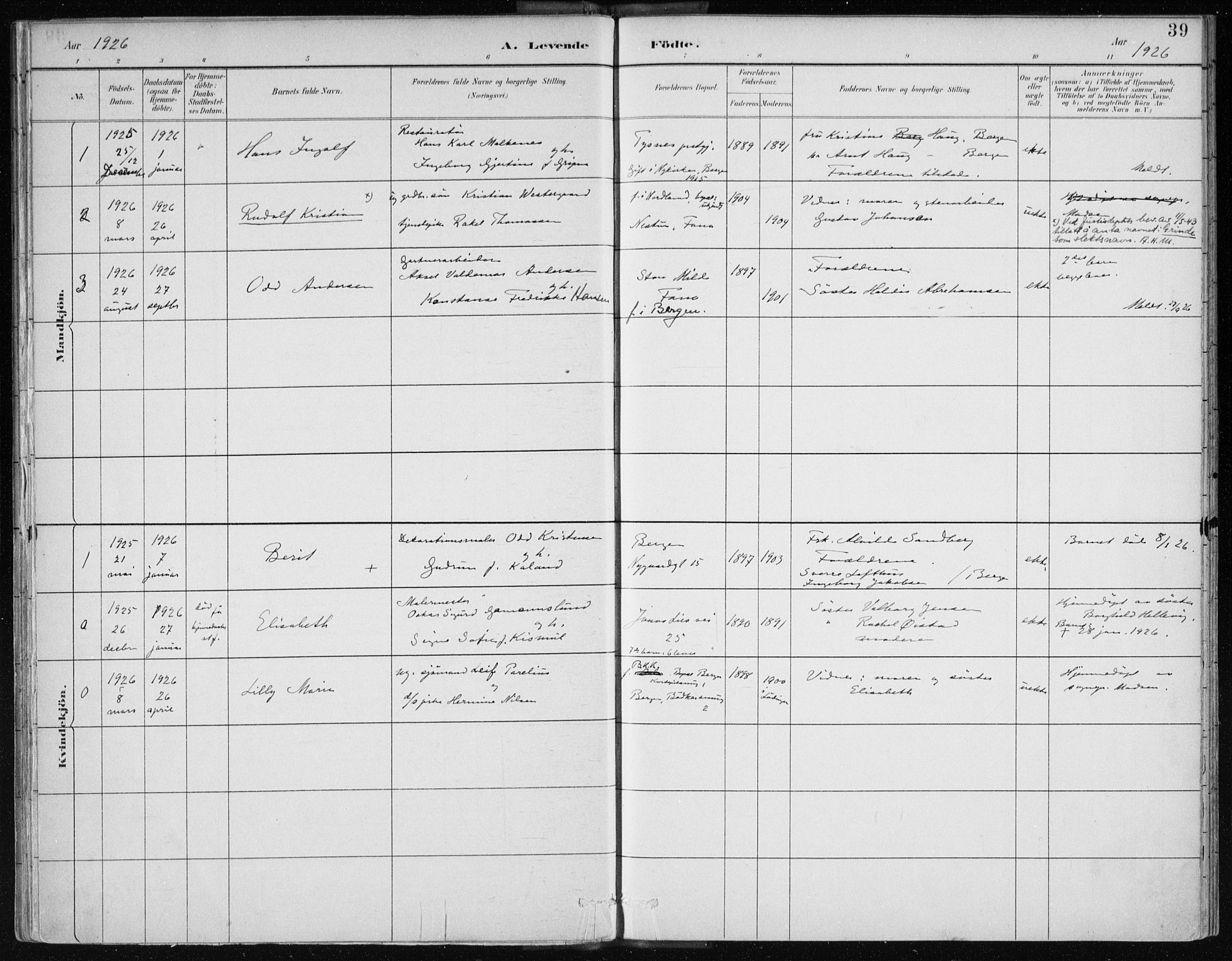 Bergen kommunale pleiehjem - stiftelsespresten, AV/SAB-A-100281: Parish register (official) no. A 2, 1887-1939, p. 39