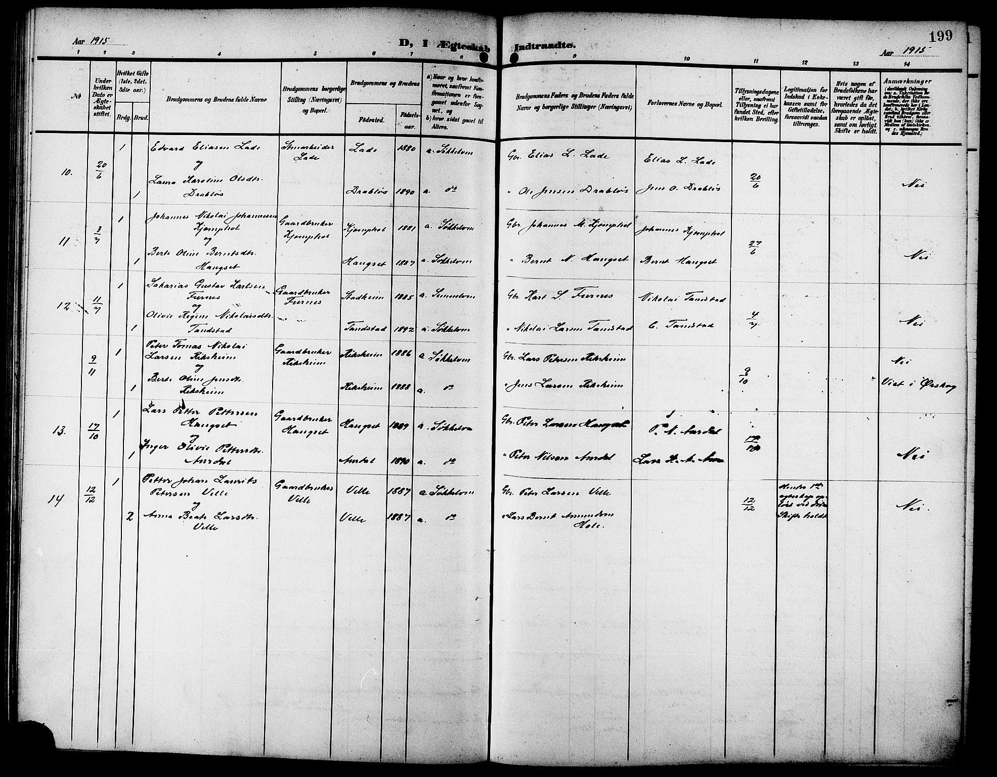 Ministerialprotokoller, klokkerbøker og fødselsregistre - Møre og Romsdal, SAT/A-1454/523/L0341: Parish register (copy) no. 523C04, 1903-1916, p. 199