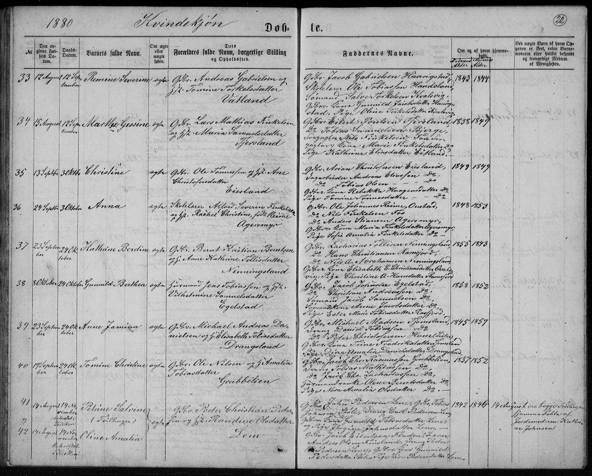 Lyngdal sokneprestkontor, AV/SAK-1111-0029/F/Fb/Fbc/L0004: Parish register (copy) no. B 4, 1878-1896, p. 22