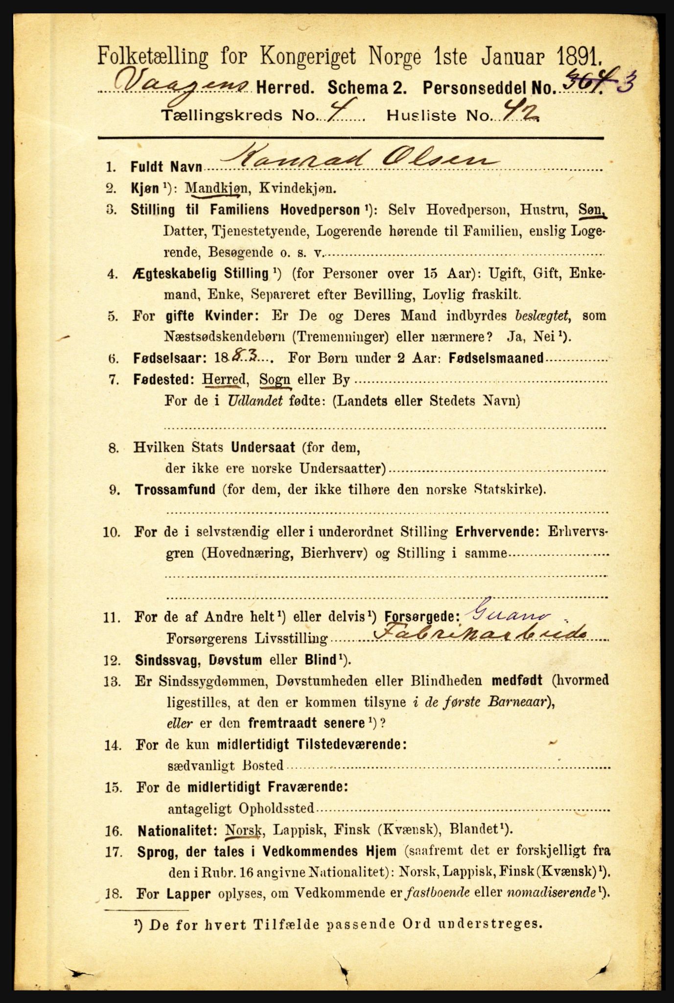 RA, 1891 census for 1865 Vågan, 1891, p. 1304