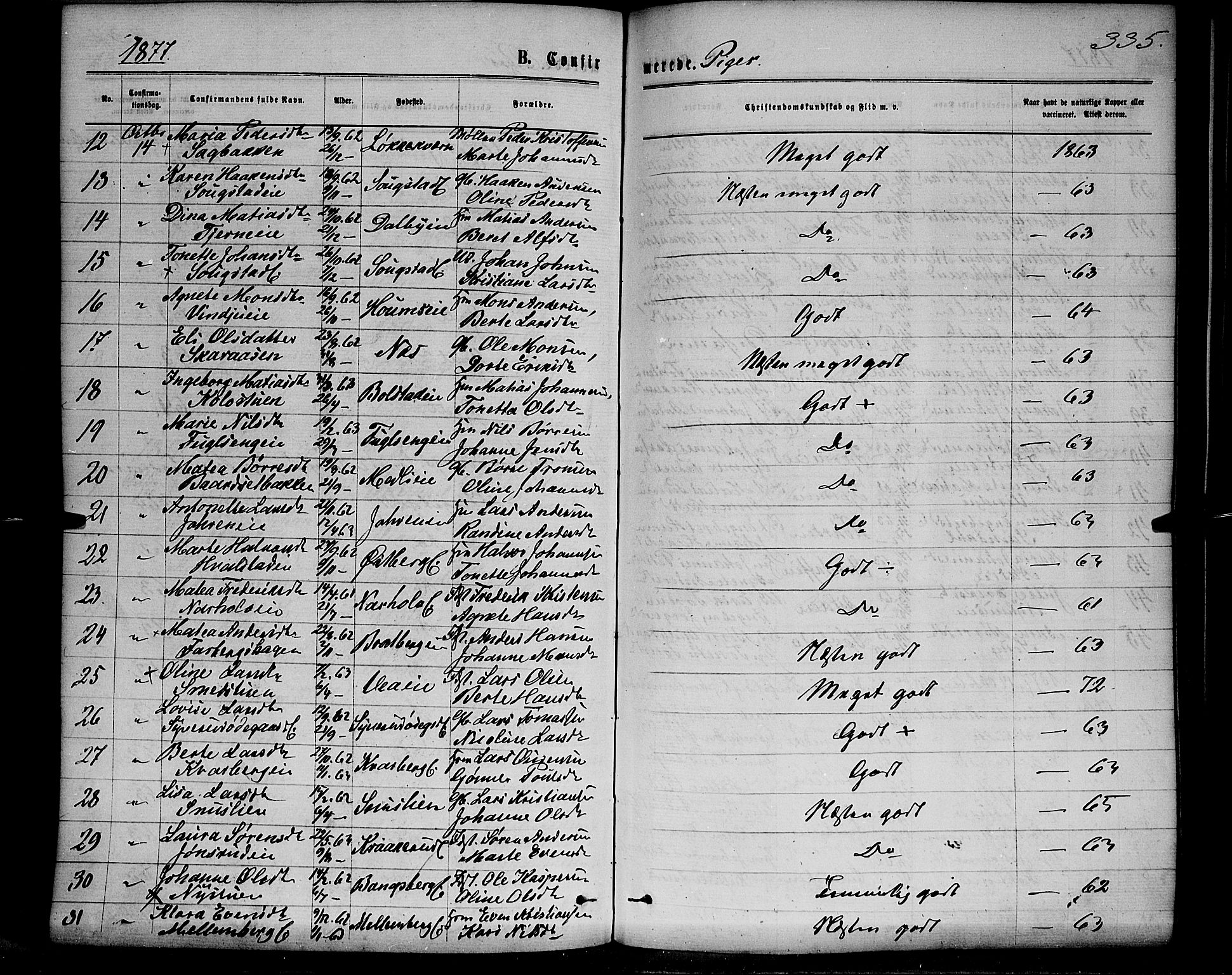 Ringsaker prestekontor, AV/SAH-PREST-014/K/Ka/L0011: Parish register (official) no. 11, 1870-1878, p. 335