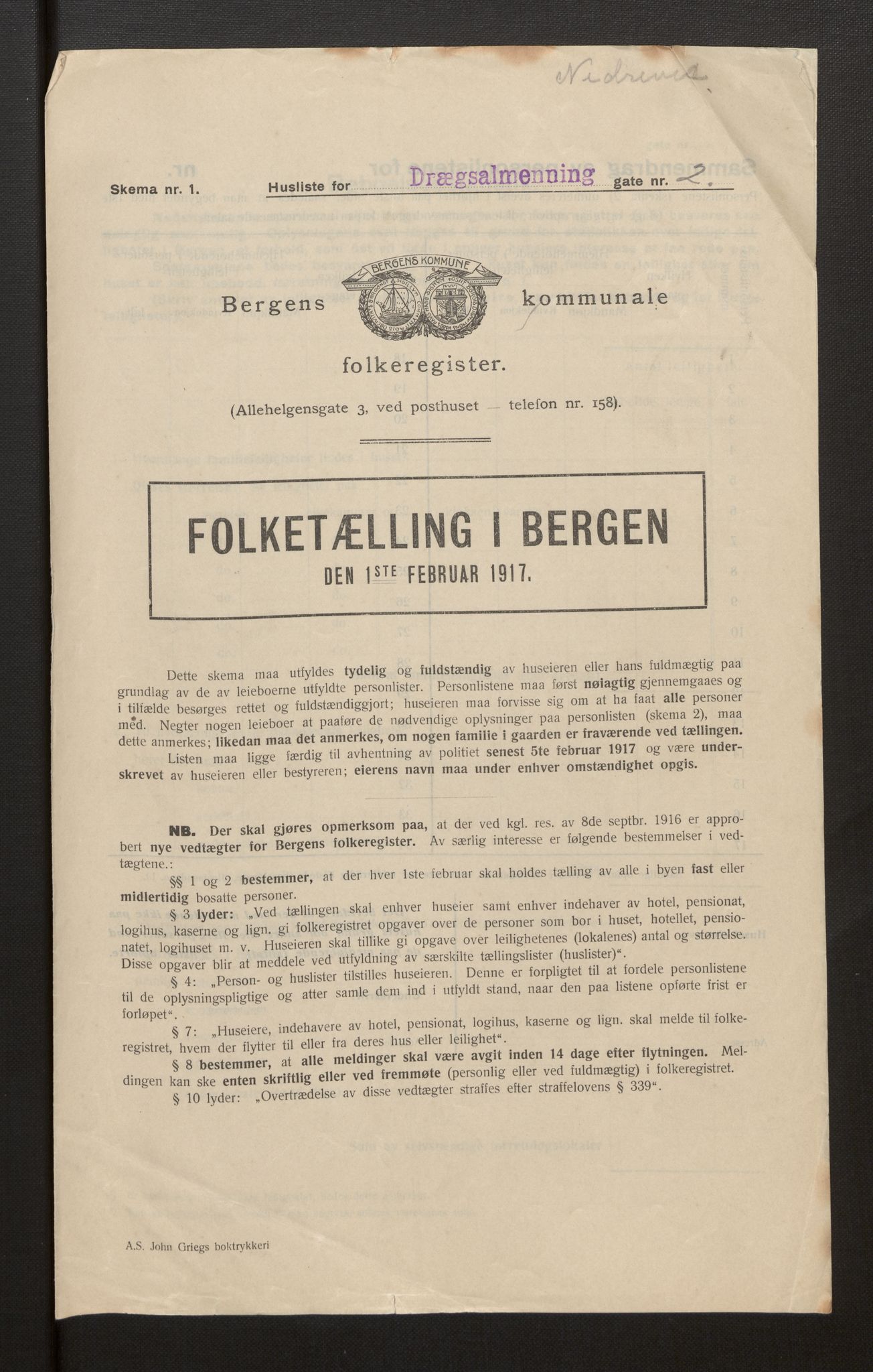 SAB, Municipal Census 1917 for Bergen, 1917, p. 5435