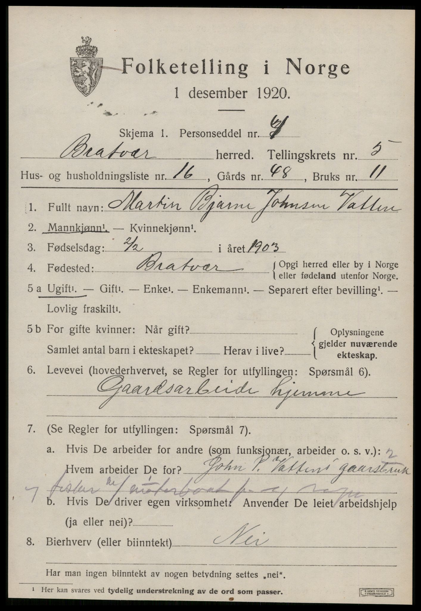 SAT, 1920 census for Brattvær, 1920, p. 2610