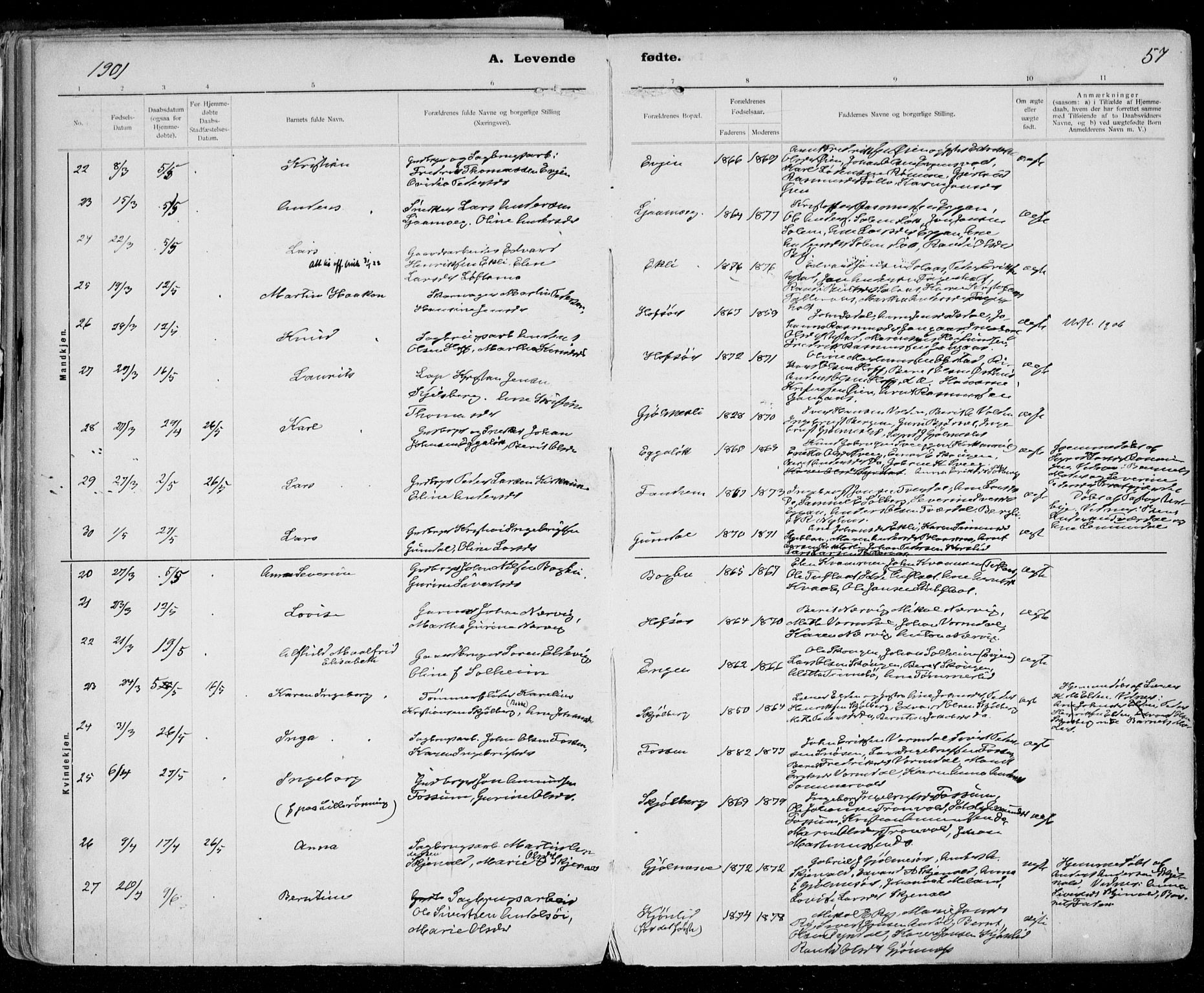 Ministerialprotokoller, klokkerbøker og fødselsregistre - Sør-Trøndelag, SAT/A-1456/668/L0811: Parish register (official) no. 668A11, 1894-1913, p. 57