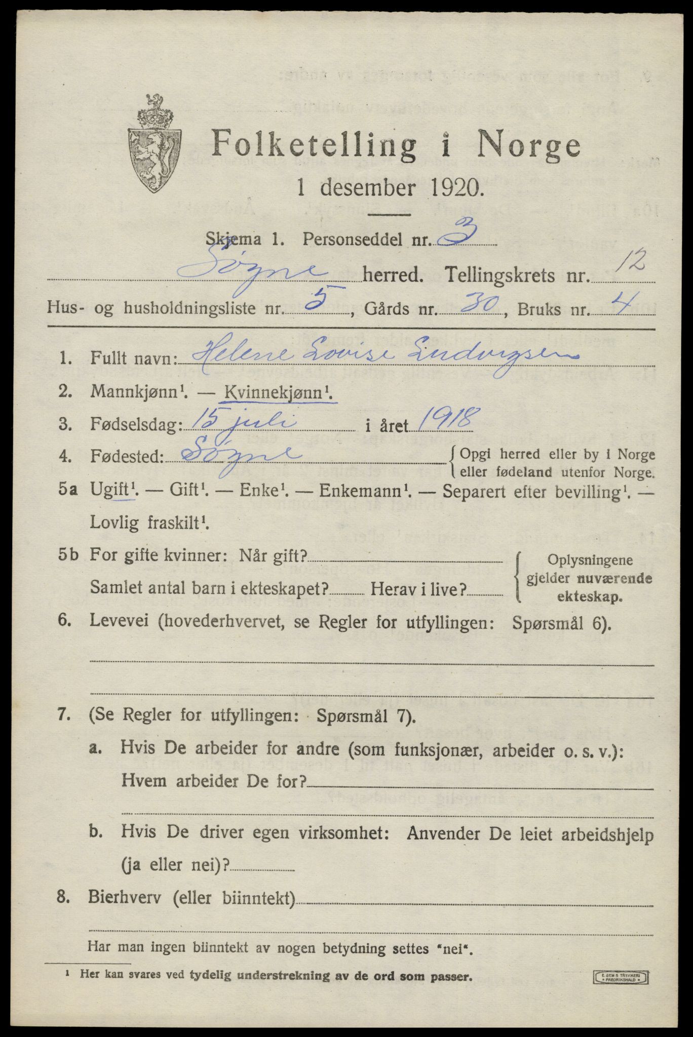 SAK, 1920 census for Søgne, 1920, p. 5989