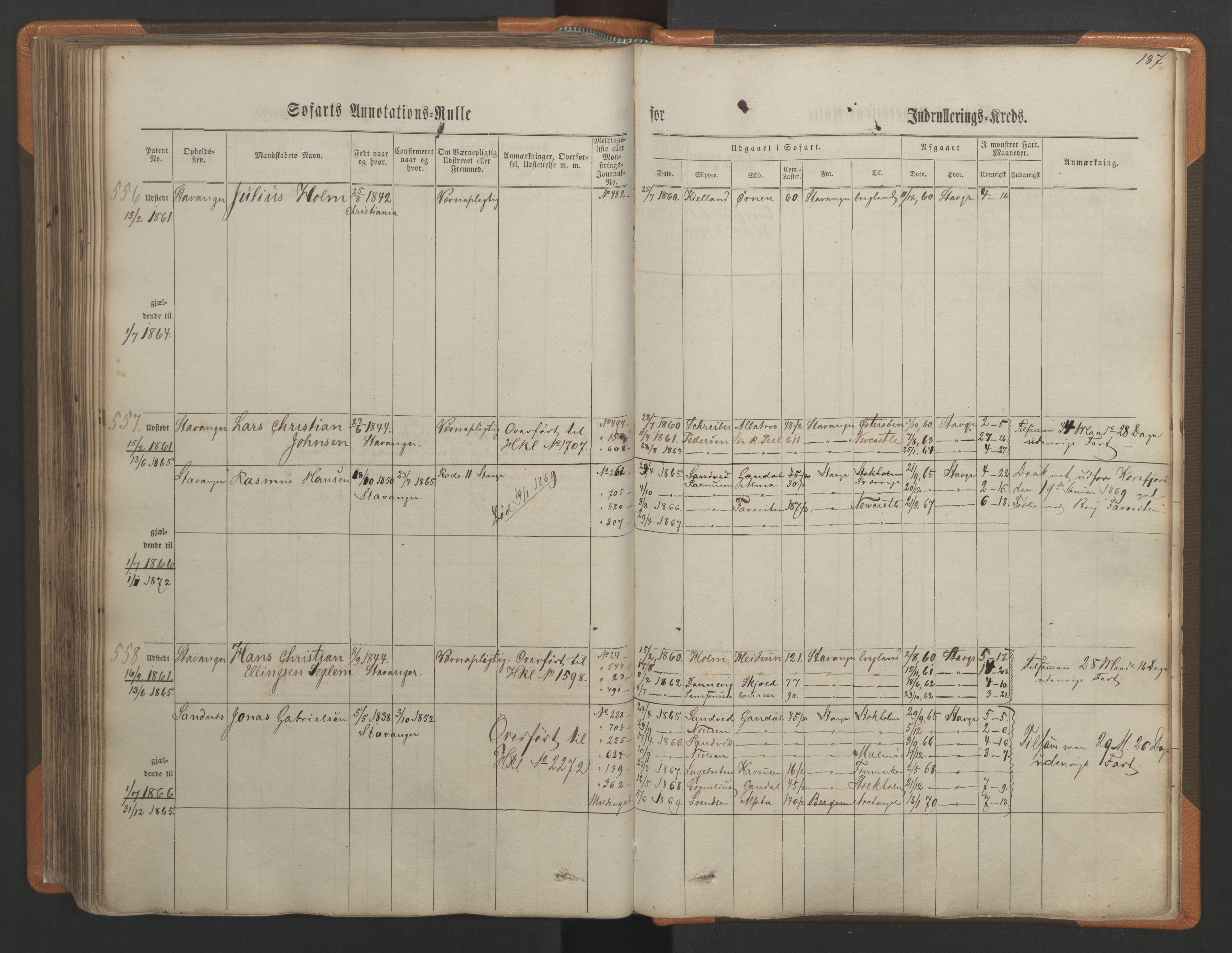 Stavanger sjømannskontor, AV/SAST-A-102006/F/Ff/L0001: Annotasjonsrulle, patentnr. 1-597 (del 1), 1860-1864, p. 197