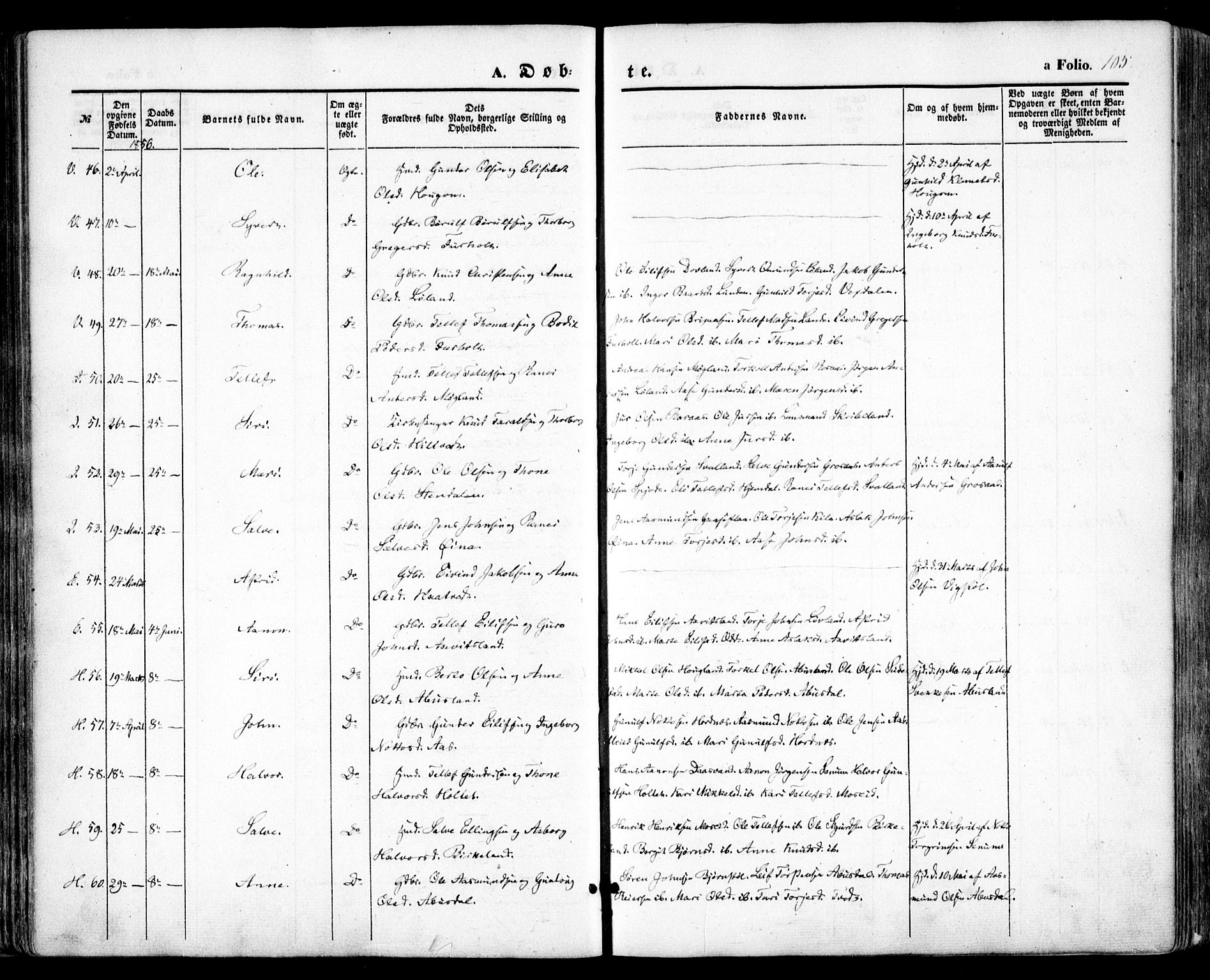 Evje sokneprestkontor, AV/SAK-1111-0008/F/Fa/Faa/L0005: Parish register (official) no. A 5, 1843-1865, p. 105