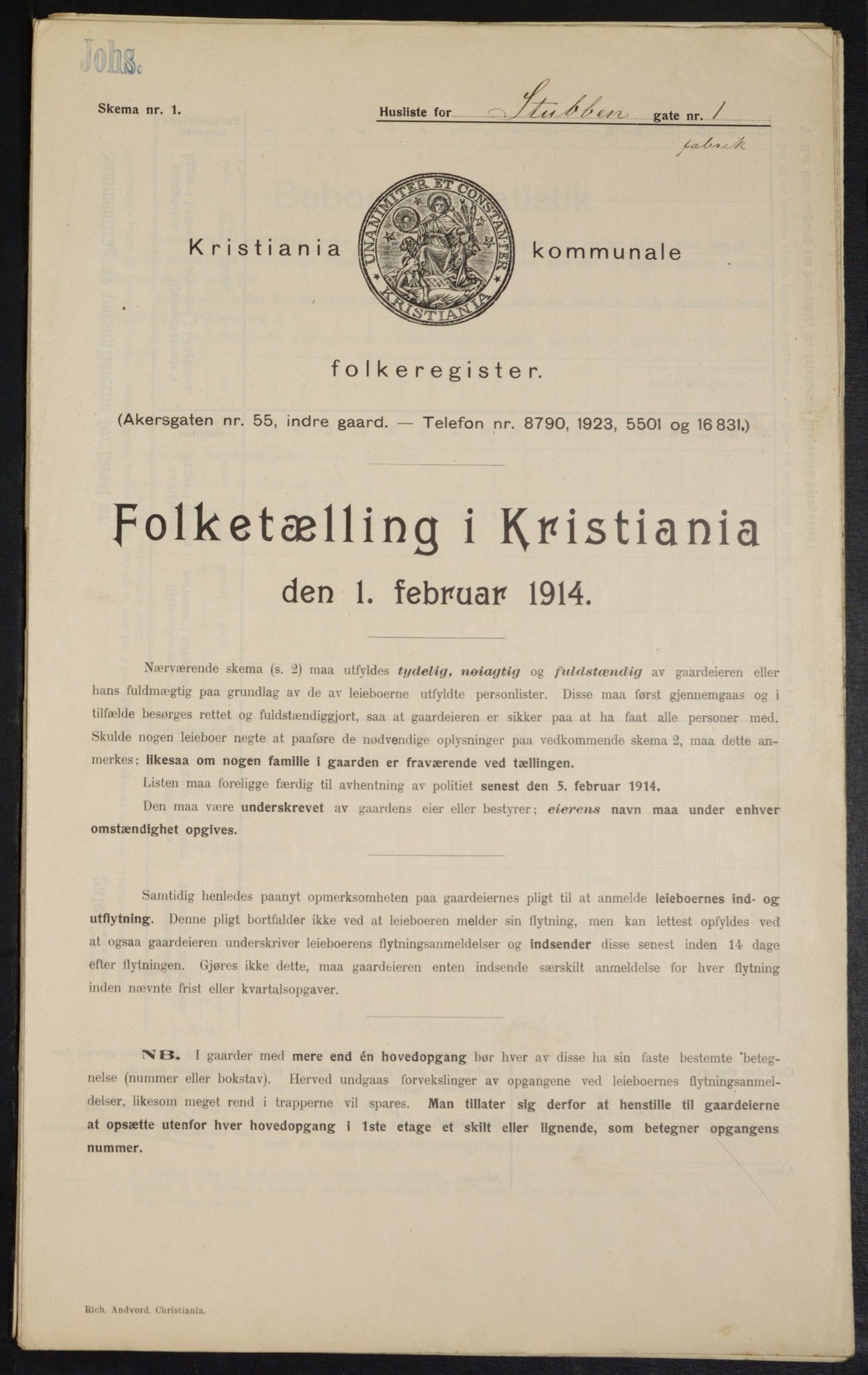 OBA, Municipal Census 1914 for Kristiania, 1914, p. 105121