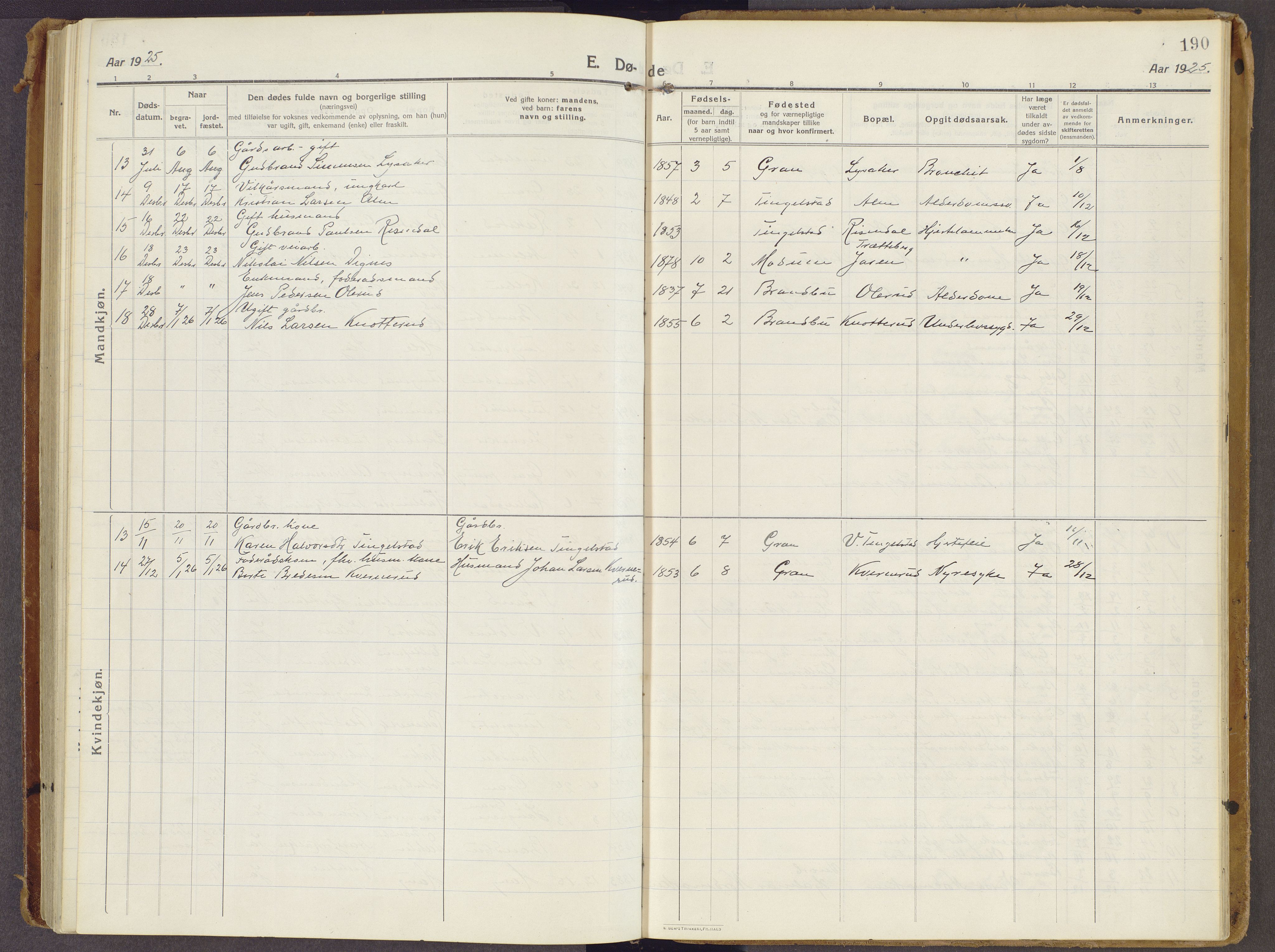 Brandbu prestekontor, AV/SAH-PREST-114/H/Ha/Haa/L0003: Parish register (official) no. 3, 1914-1928, p. 190