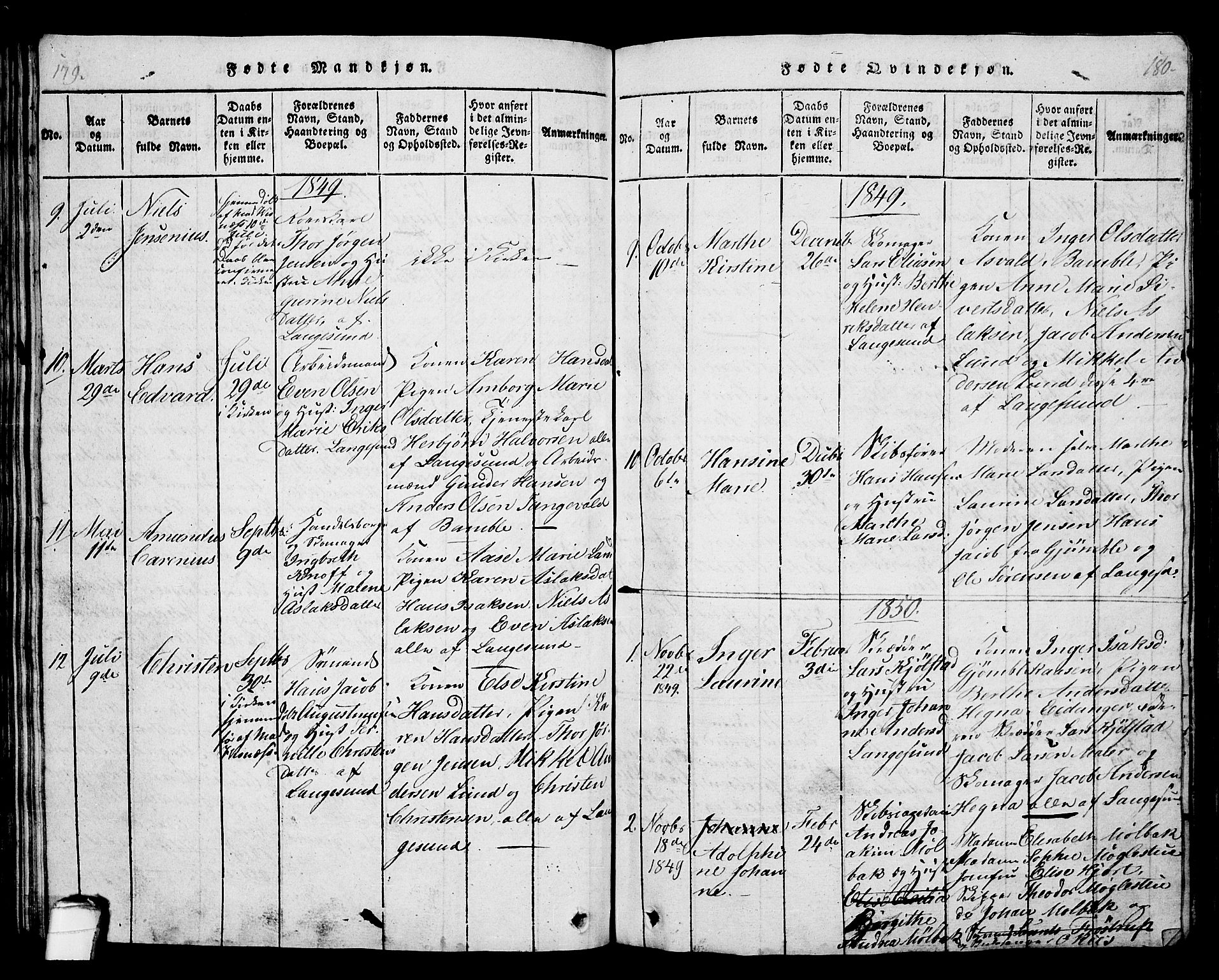 Langesund kirkebøker, SAKO/A-280/G/Ga/L0003: Parish register (copy) no. 3, 1815-1858, p. 179-180