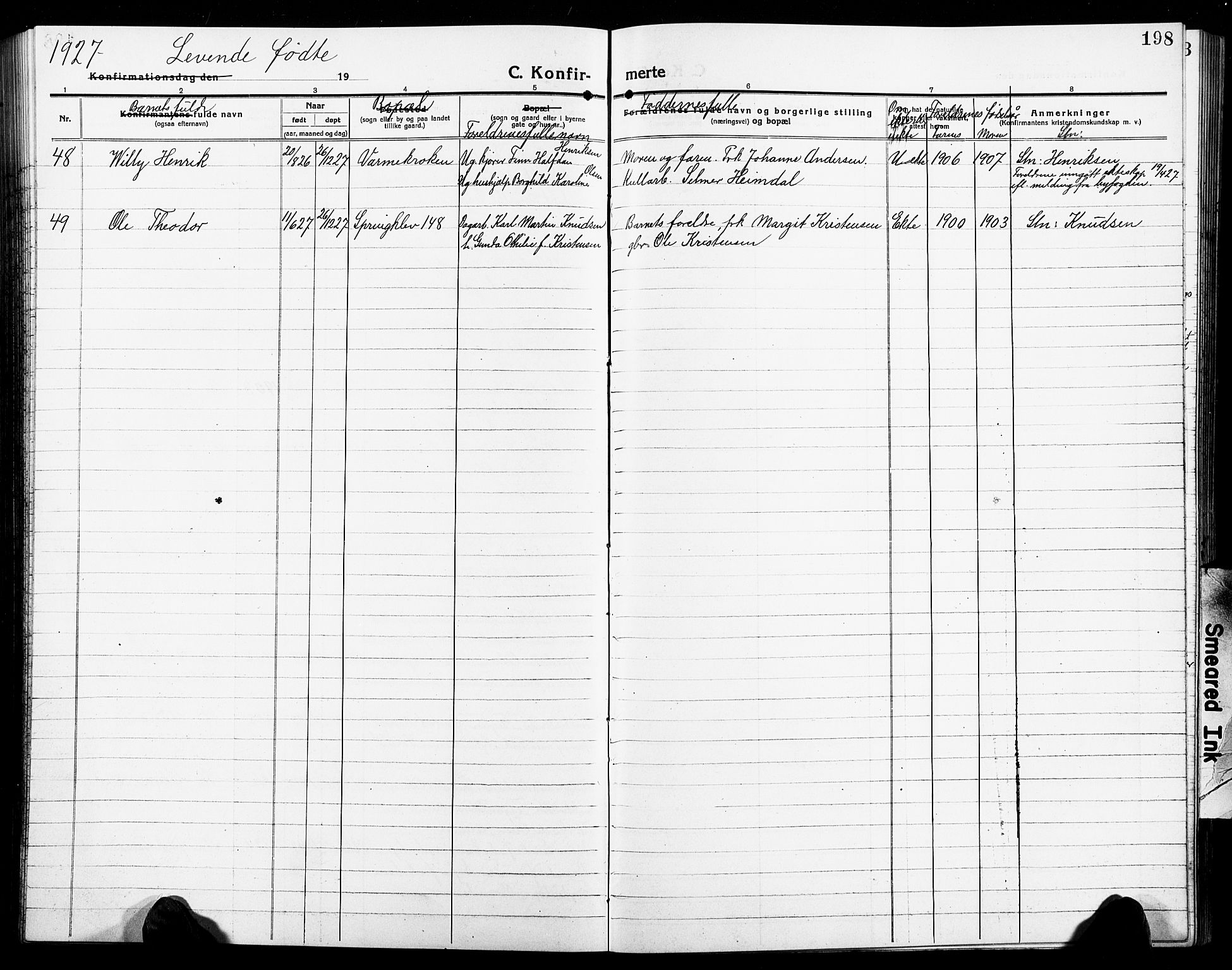 Arendal sokneprestkontor, Trefoldighet, AV/SAK-1111-0040/F/Fb/L0007: Parish register (copy) no. B 7, 1916-1927, p. 198