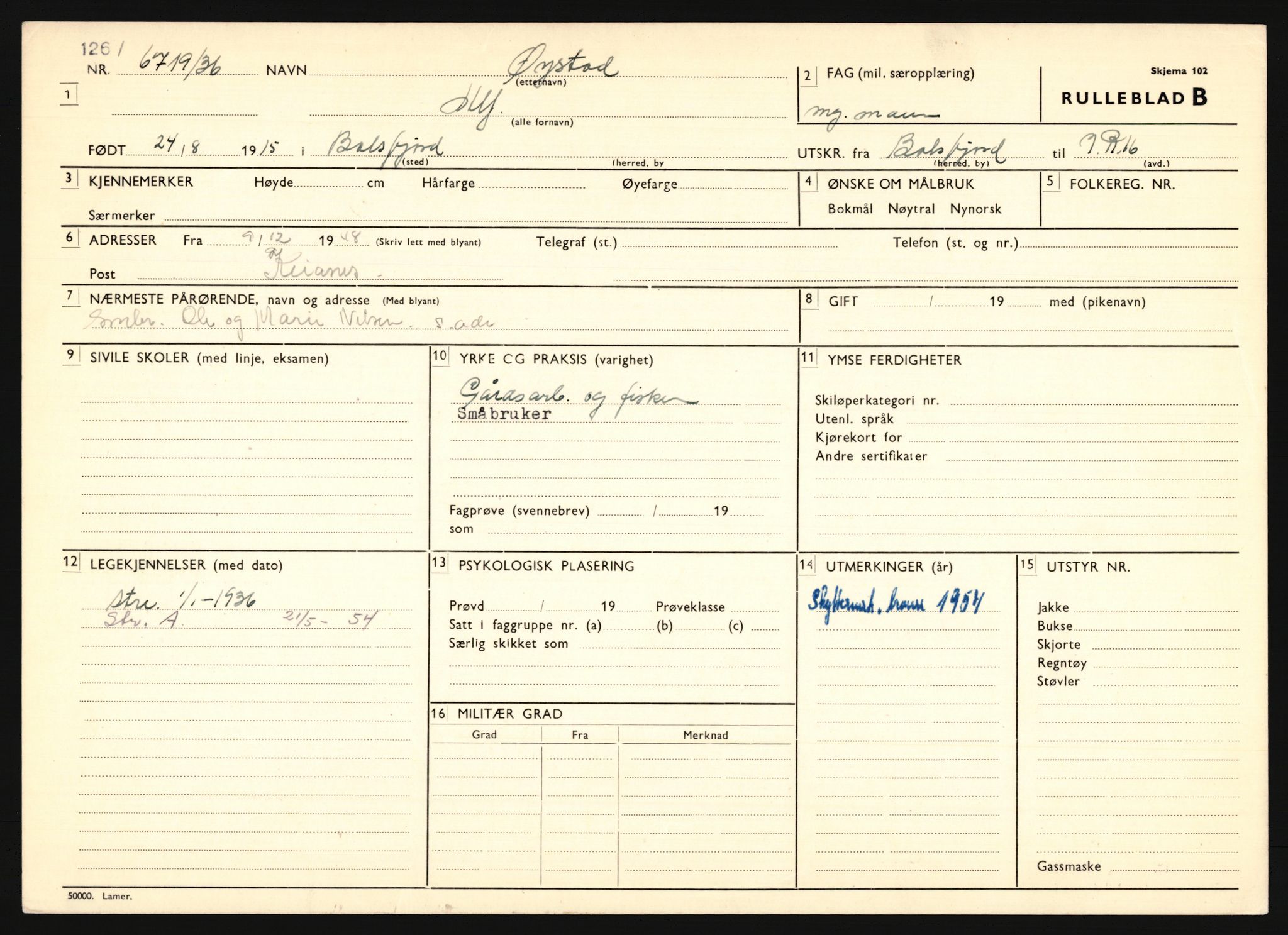 Forsvaret, Troms infanteriregiment nr. 16, AV/RA-RAFA-3146/P/Pa/L0020: Rulleblad for regimentets menige mannskaper, årsklasse 1936, 1936, p. 1333