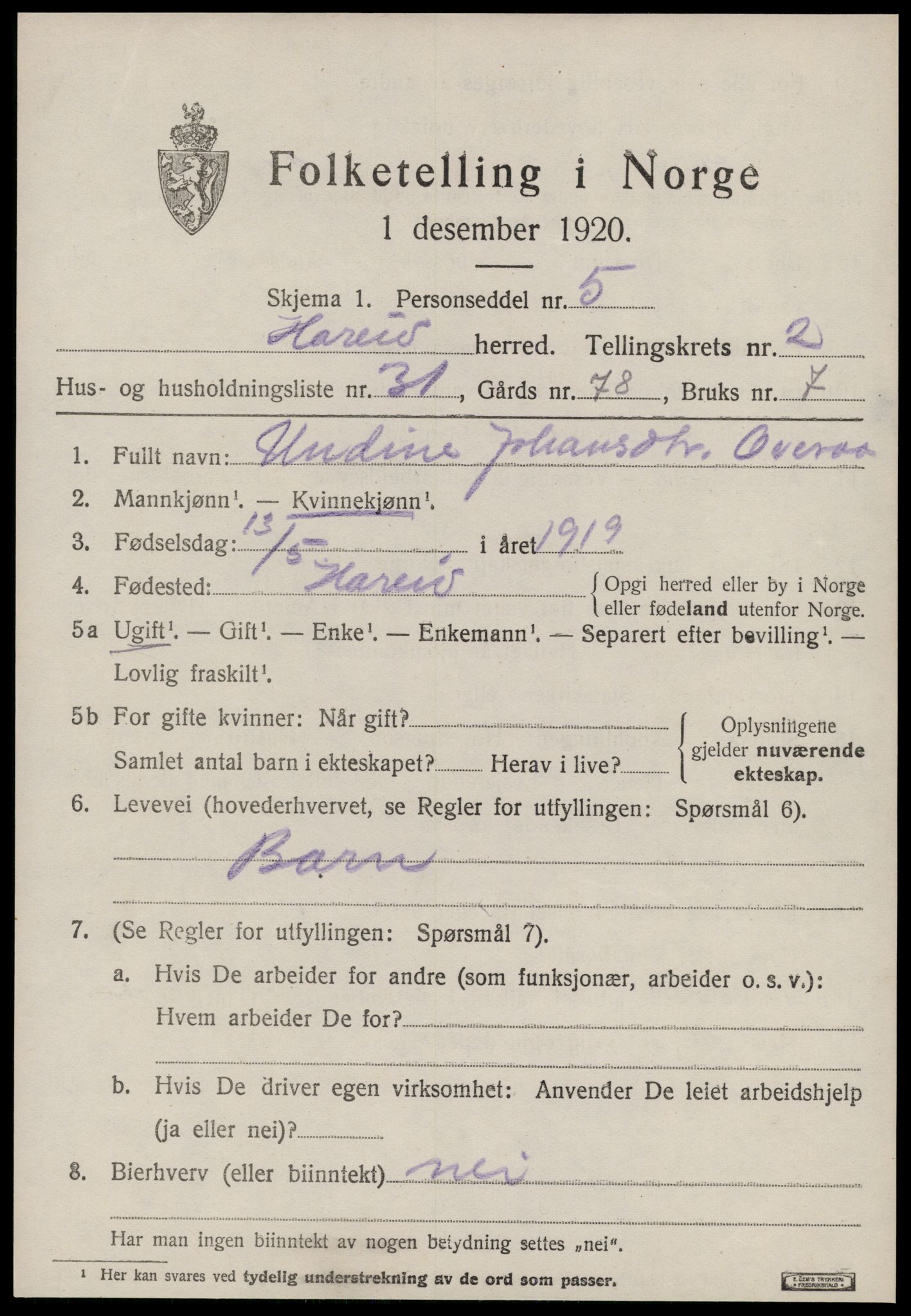 SAT, 1920 census for Hareid, 1920, p. 1375