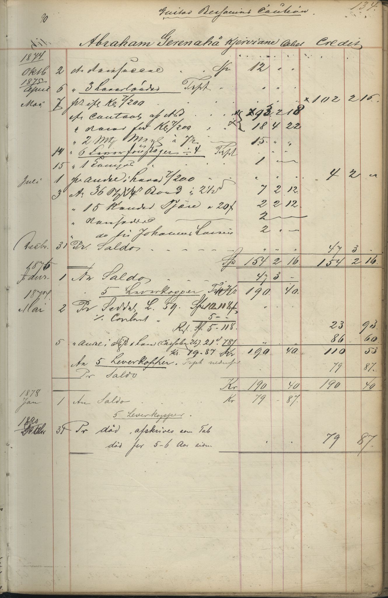 Brodtkorb handel A/S, VAMU/A-0001/F/Fc/L0001/0001: Konto for kvener og nordmenn på Kolahalvøya  / Conto for Kvæner og Nordmænd paa Russefinmarken No 1, 1868-1894, p. 134