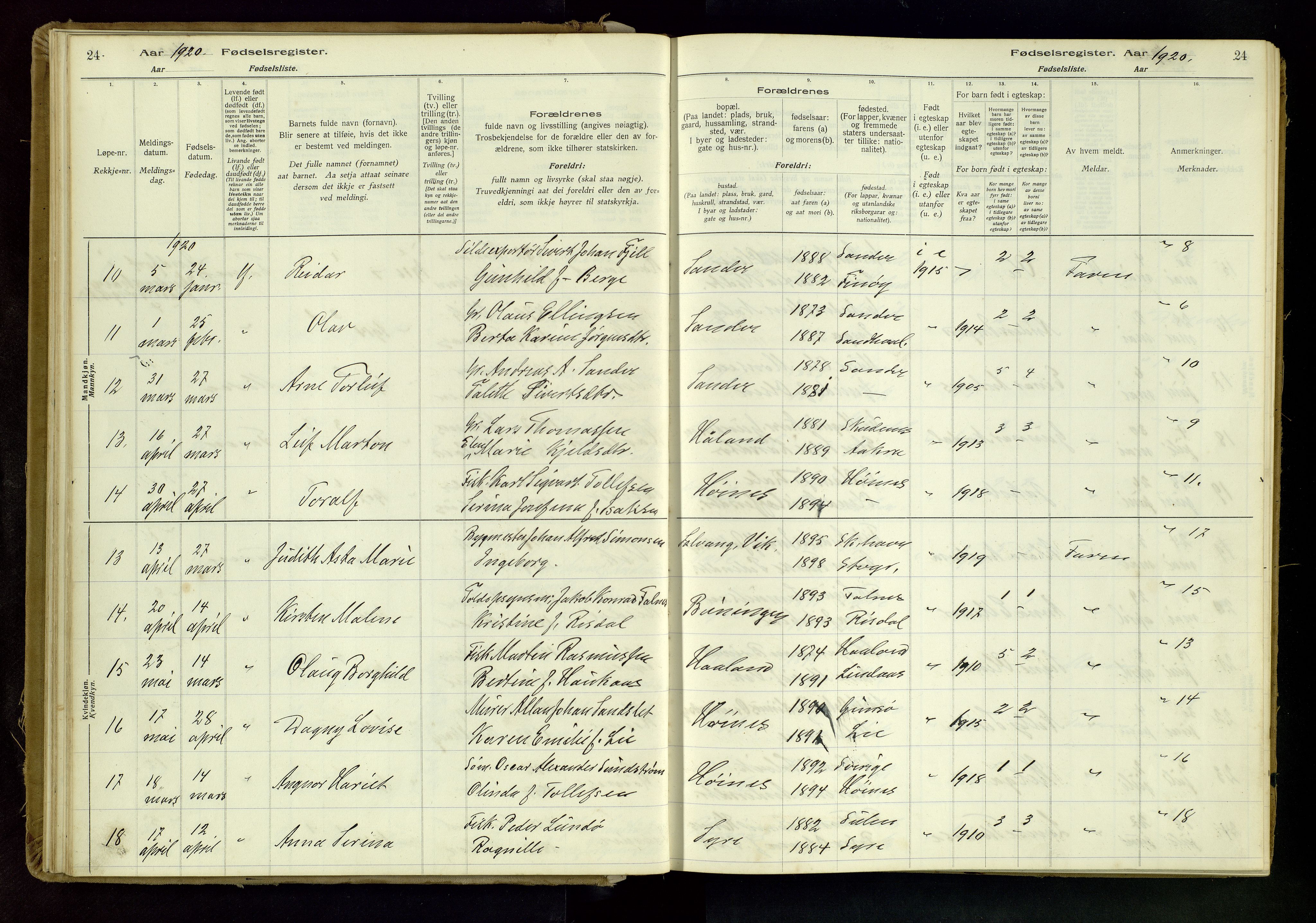 Skudenes sokneprestkontor, SAST/A -101849/I/Id/L0001: Birth register no. 1, 1916-1964, p. 24