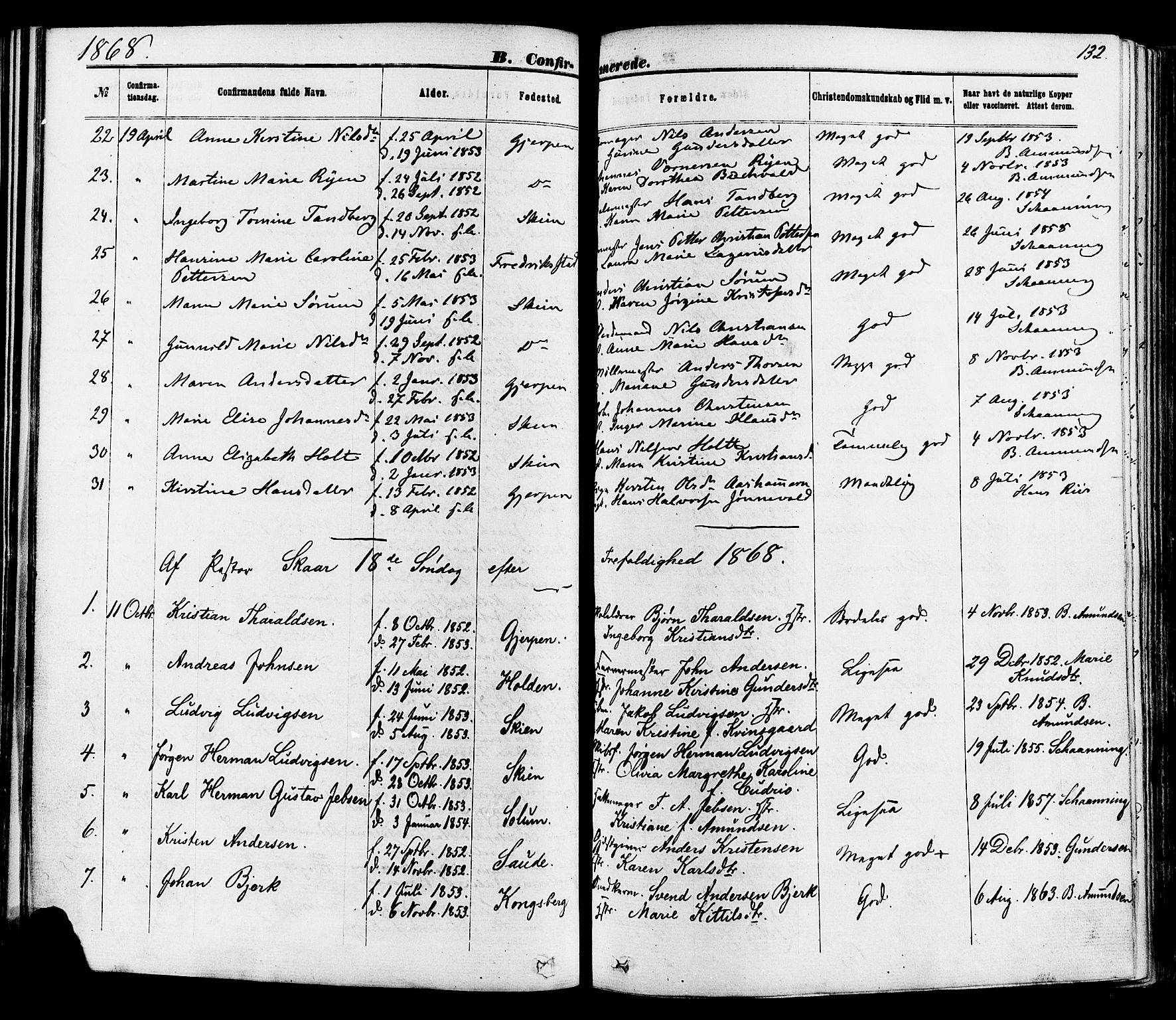 Skien kirkebøker, SAKO/A-302/F/Fa/L0008: Parish register (official) no. 8, 1866-1877, p. 132
