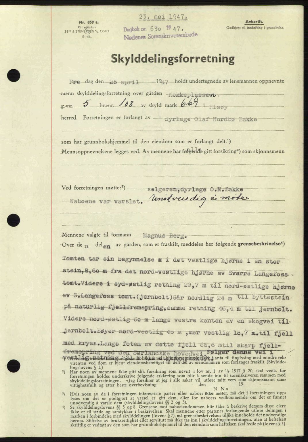 Nedenes sorenskriveri, AV/SAK-1221-0006/G/Gb/Gba/L0057: Mortgage book no. A9, 1947-1947, Diary no: : 630/1947