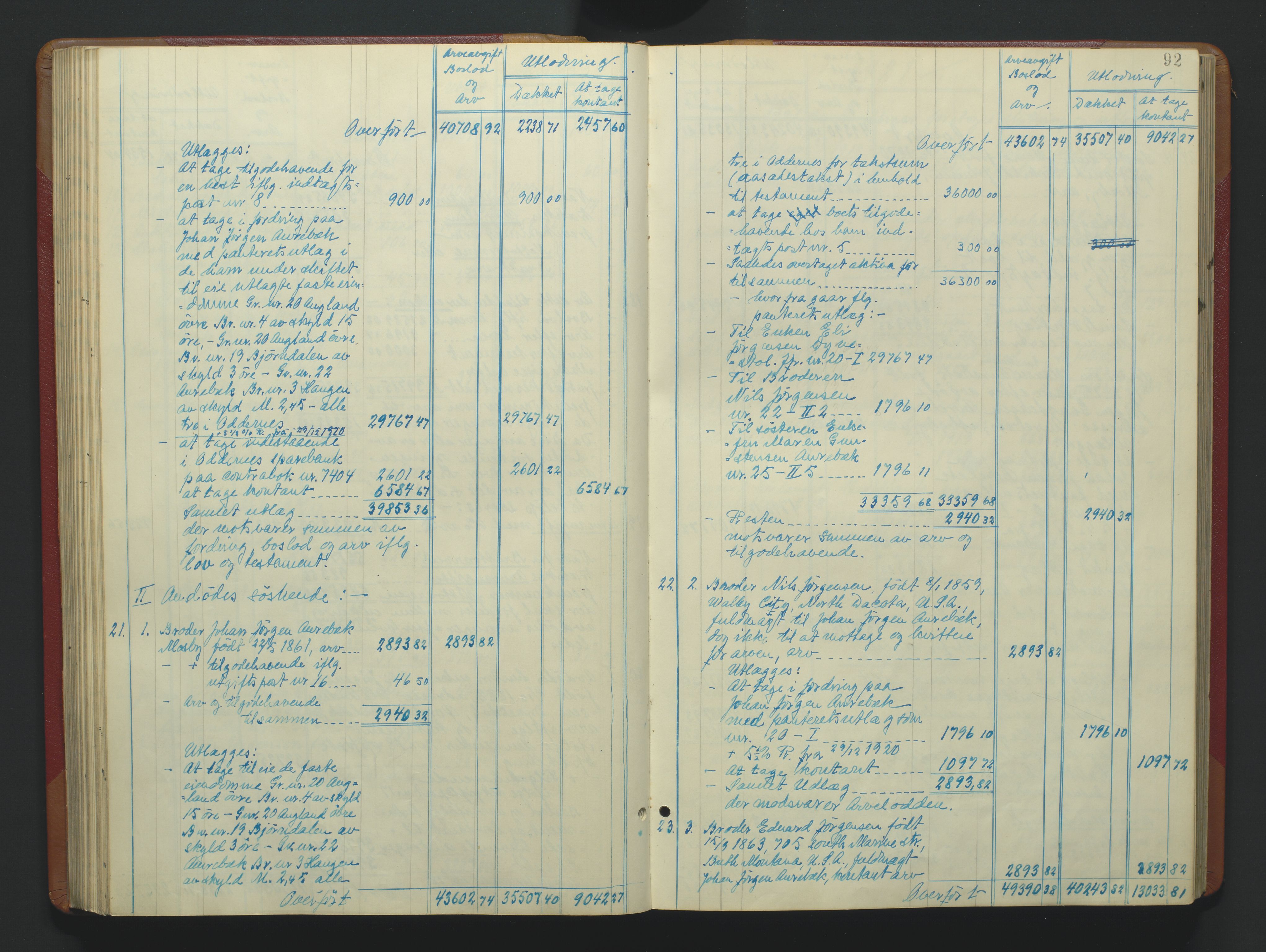 Torridal sorenskriveri, AV/SAK-1221-0012/H/Hc/L0037: Skifteutlodningsprotokoll med navneregister nr. 6, 1918-1927, p. 92