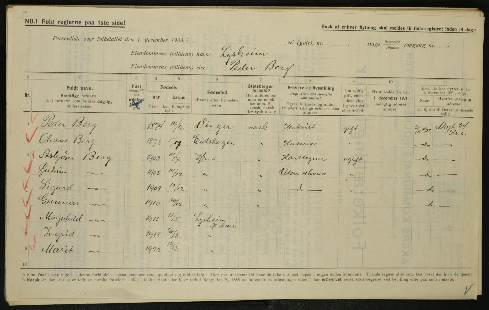 , Municipal Census 1923 for Aker, 1923, p. 27557