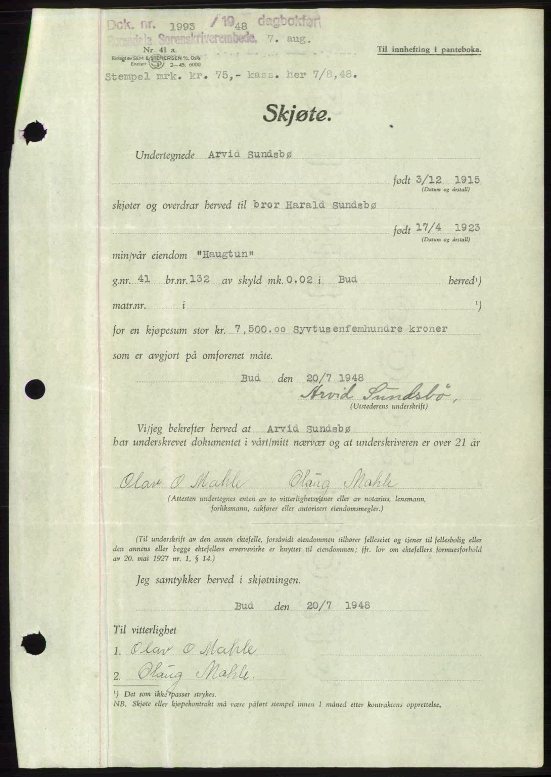 Romsdal sorenskriveri, AV/SAT-A-4149/1/2/2C: Mortgage book no. A26, 1948-1948, Diary no: : 1993/1948