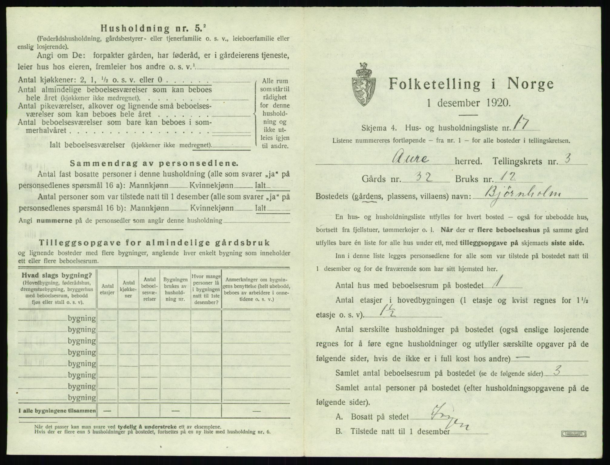 SAT, 1920 census for Aure, 1920, p. 212