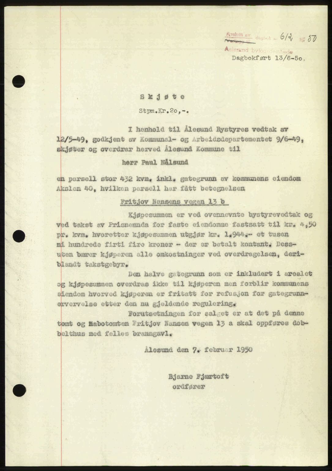 Ålesund byfogd, AV/SAT-A-4384: Mortgage book no. 37A (2), 1949-1950, Diary no: : 612/1950